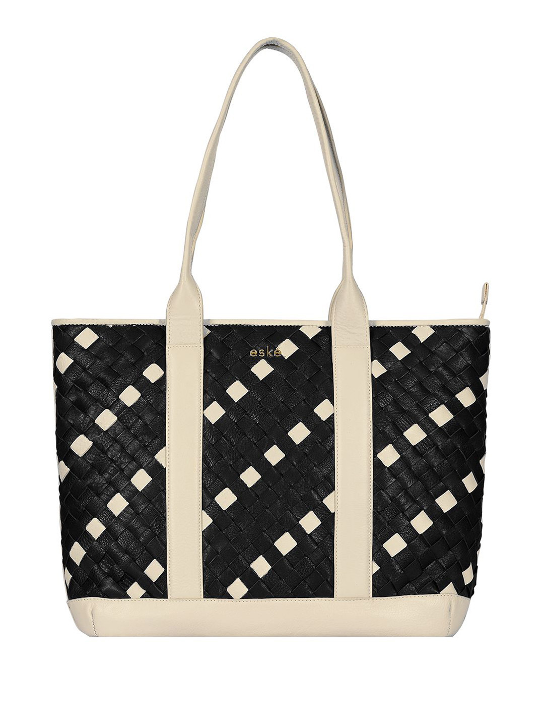 eske Women Black Checkered Trolley Strap Woven Design Leather Travel Office Tote Bag