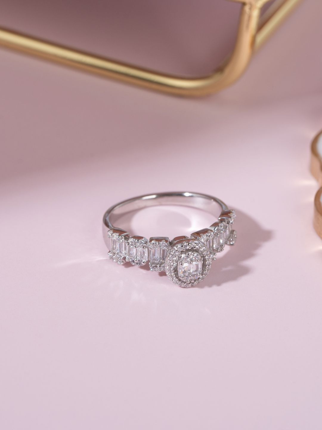 GLYTERS Silver Stone-Studded Finger Ring