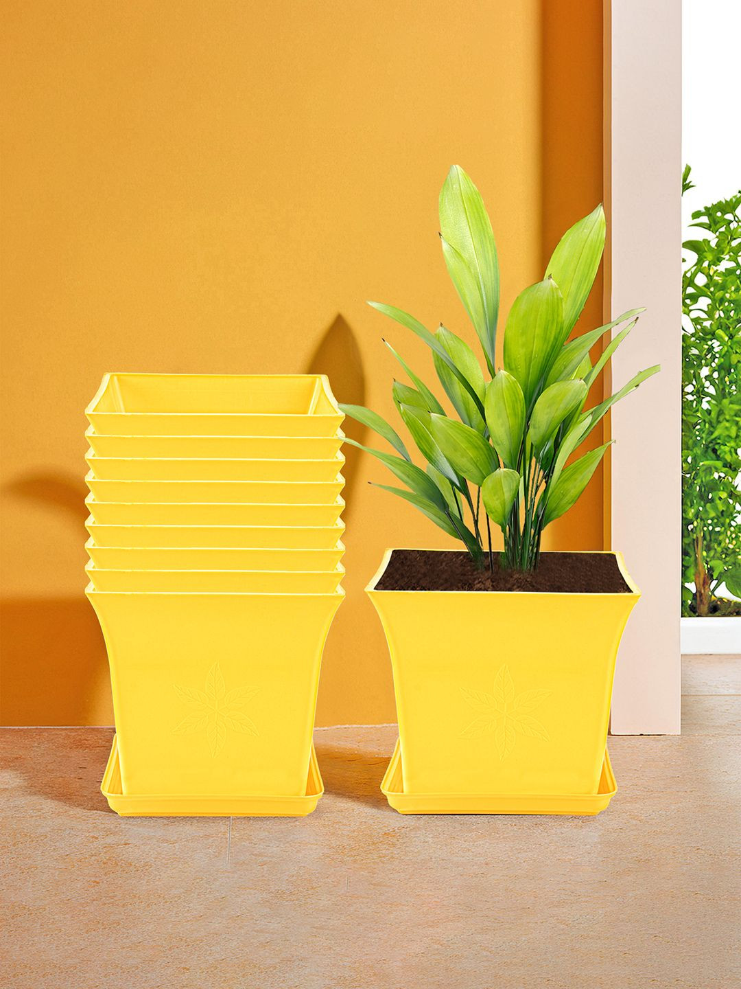 Kuber Industries 10 Pieces Yellow Premium Flower Pots for Garden with Bottom Plates