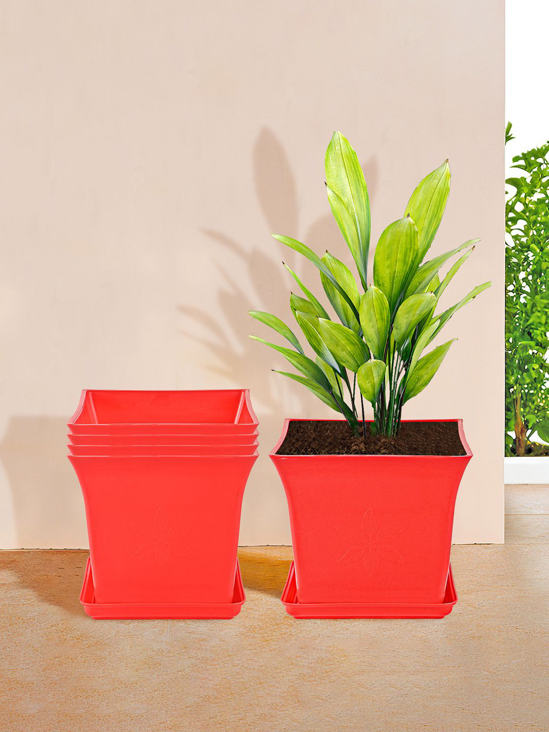 Kuber Industries 5 Pieces Red Premium Flower Pots for Garden with Bottom Plates