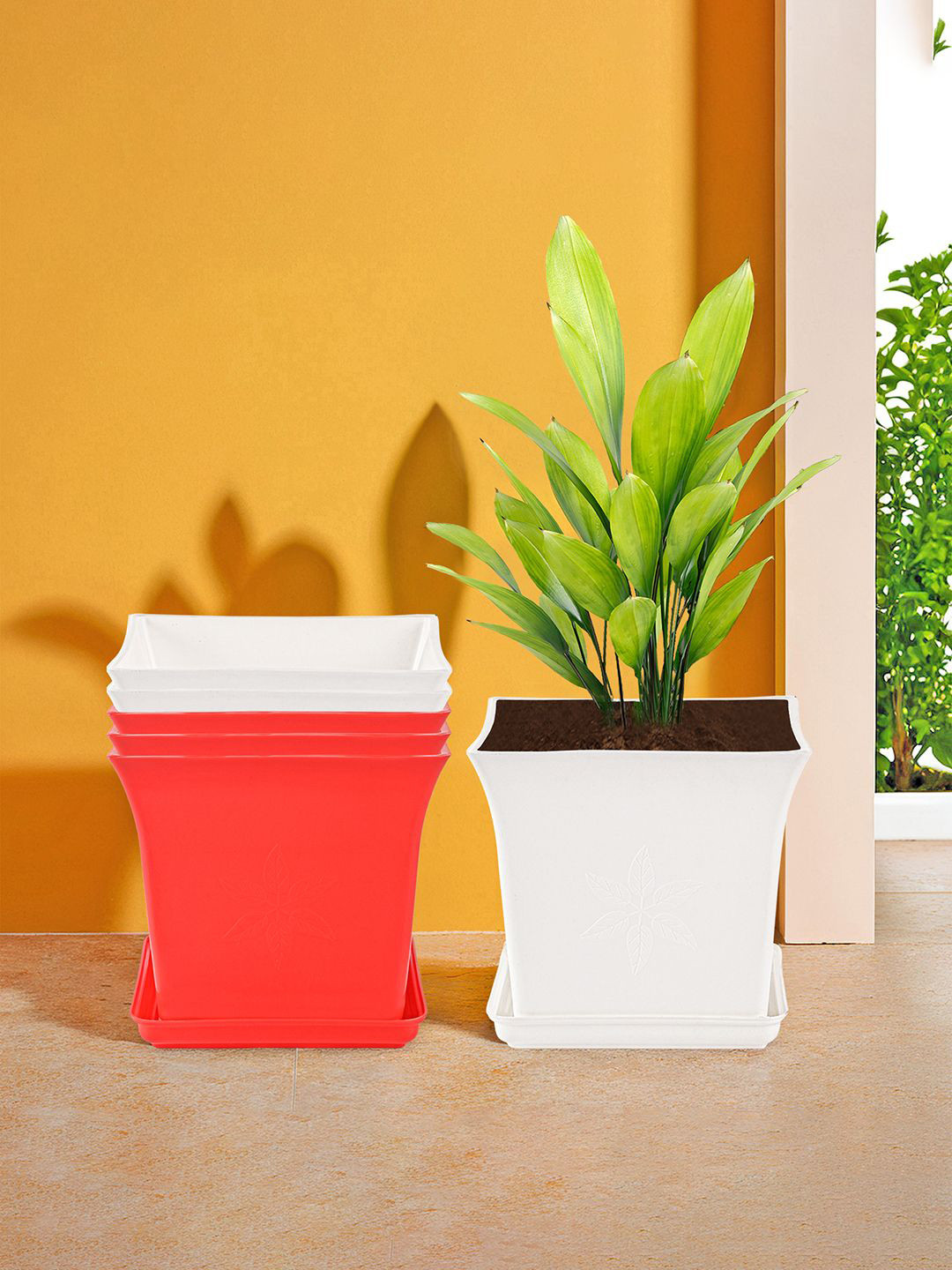 Kuber Industries 6 Pieces White & Red Premium Flower Pots for Garden with Bottom Plates