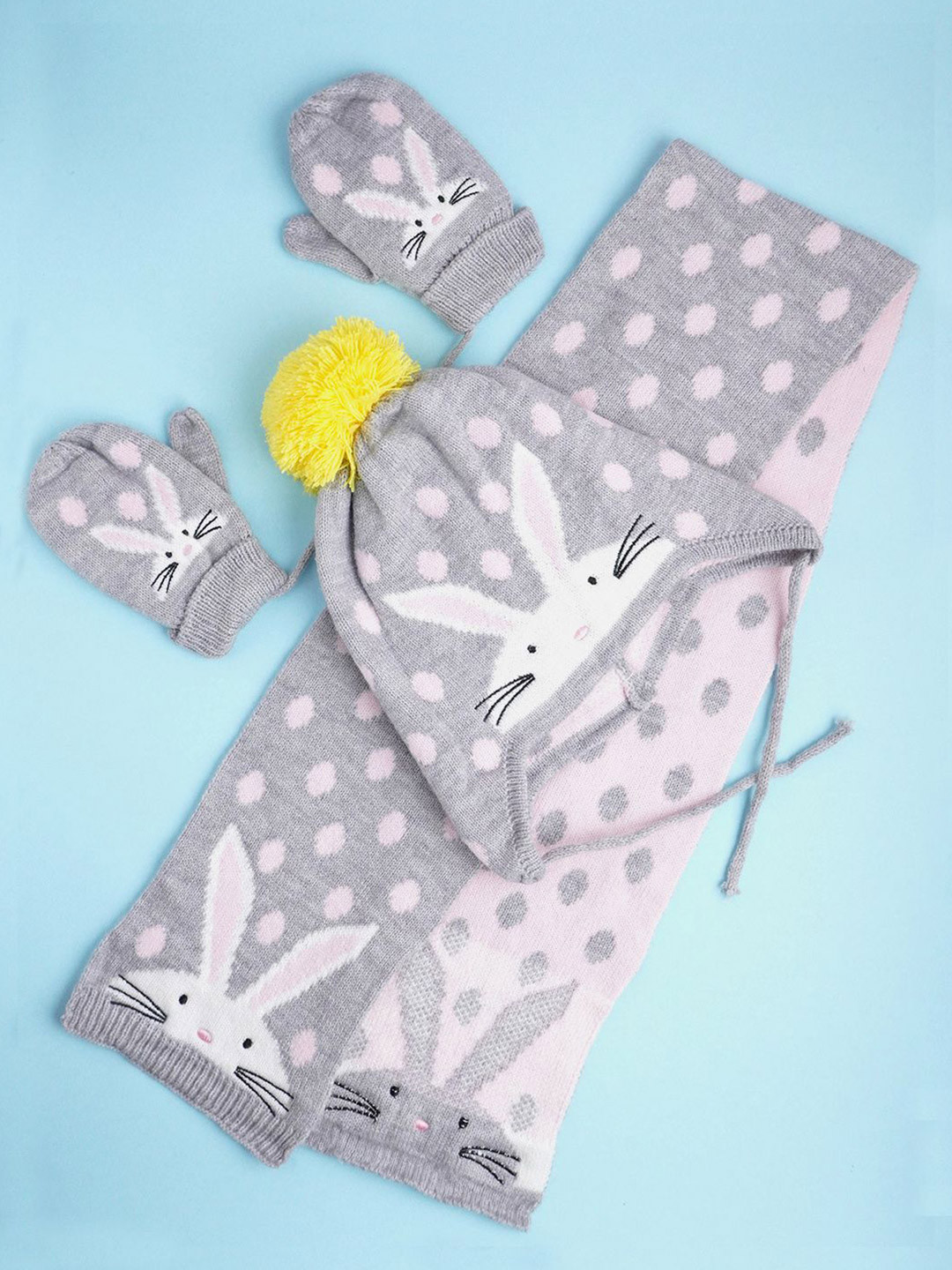 Little Surprise Box LLP Kids 3Pcs Bunny Rabbit Beanie Winter Cap Mufflers And Gloves Set