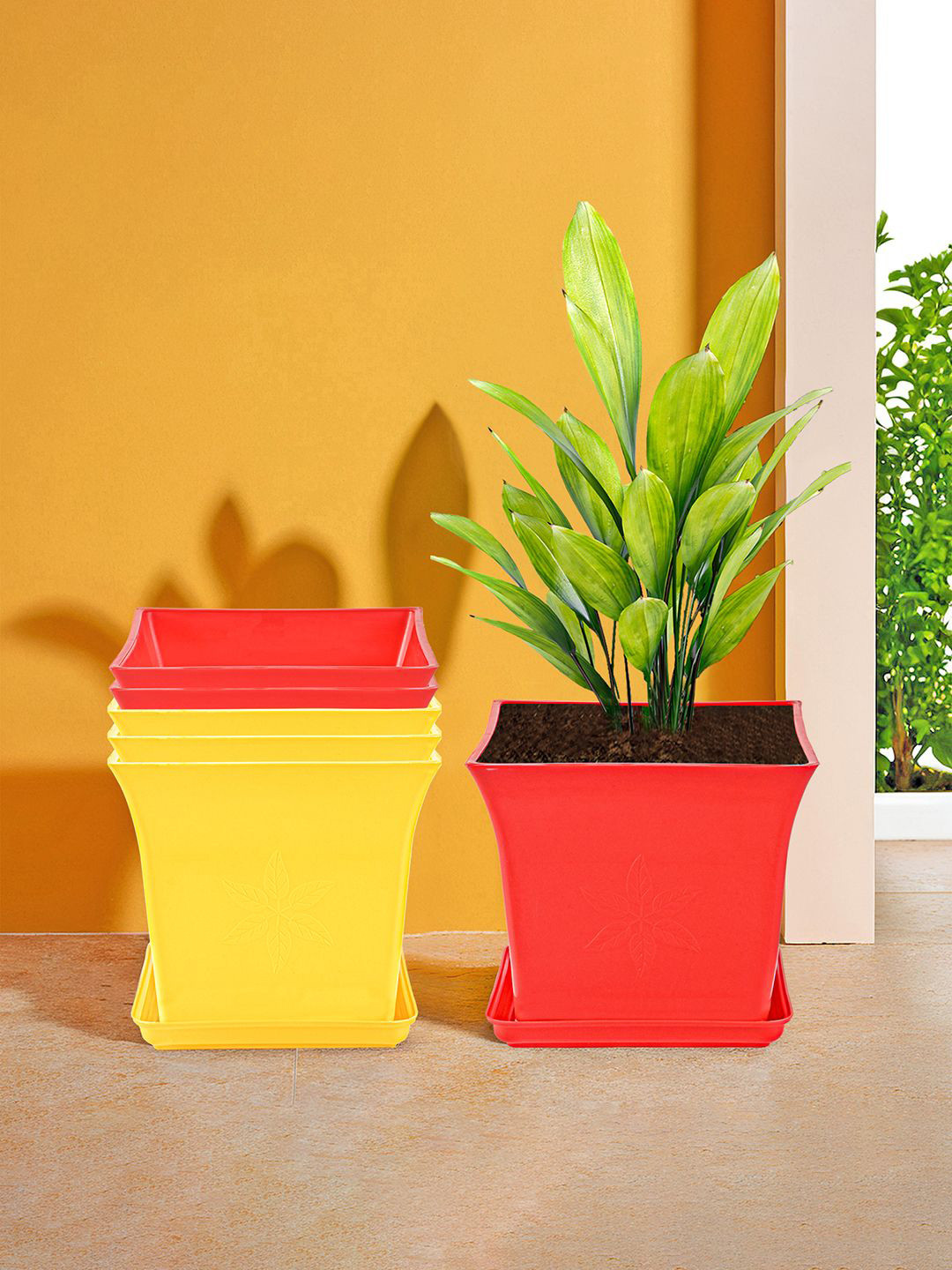Kuber Industries 6 Pieces Red & Yellow Premium Flower Pots for Garden with Bottom Plates