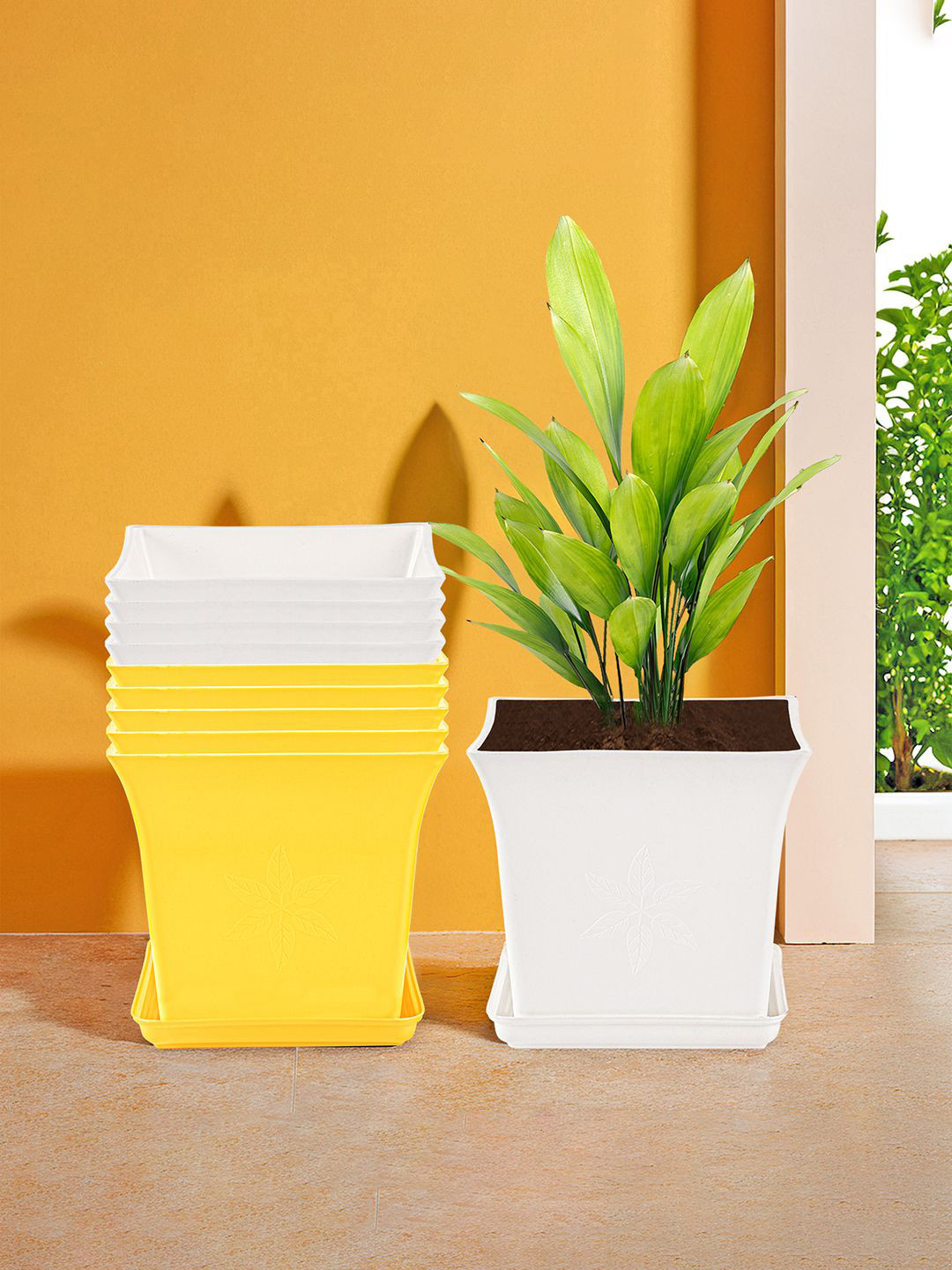 Kuber Industries White & Yellow 10 Pieces Premium Flower Pots for Garden & Bottom Plates
