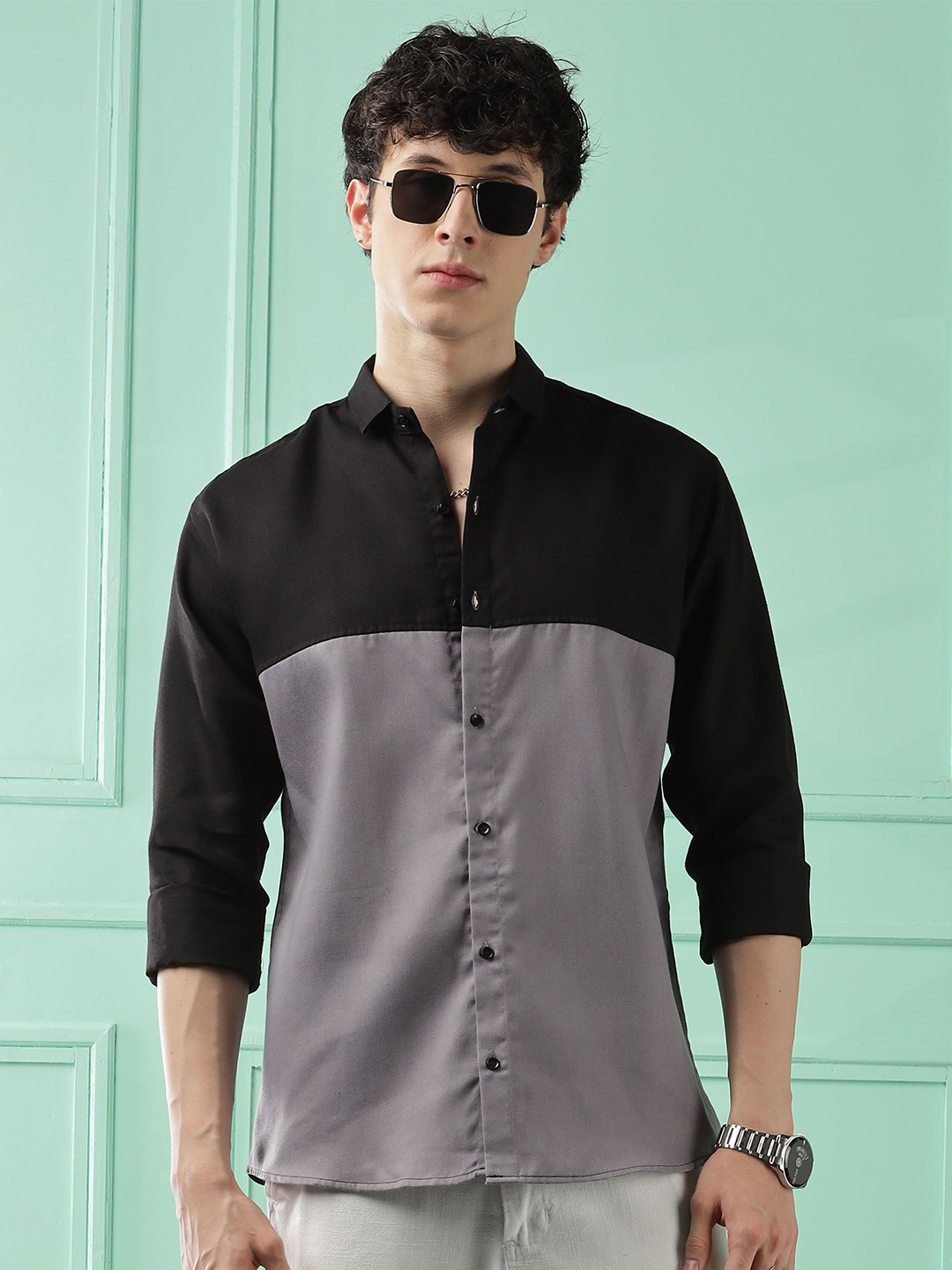 WOXEN Men Original Fit Spread Collar Colourblocked Cotton Casual Shirt
