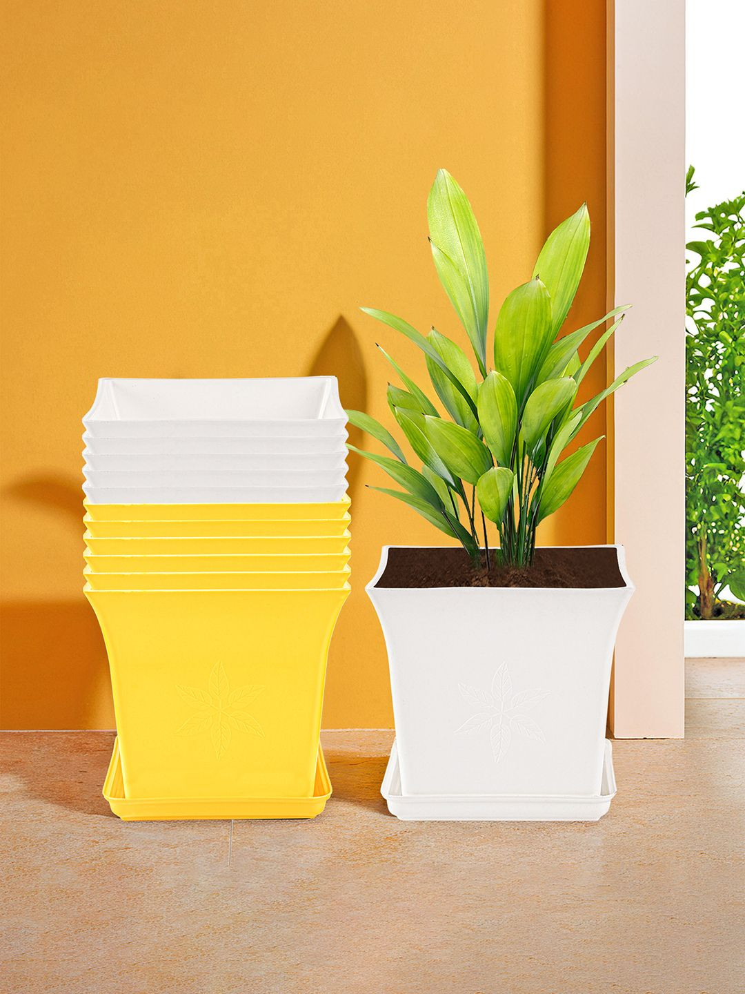 Kuber Industries White & Yellow 12 Pieces Premium Flower Pots for Garden & Bottom Plates