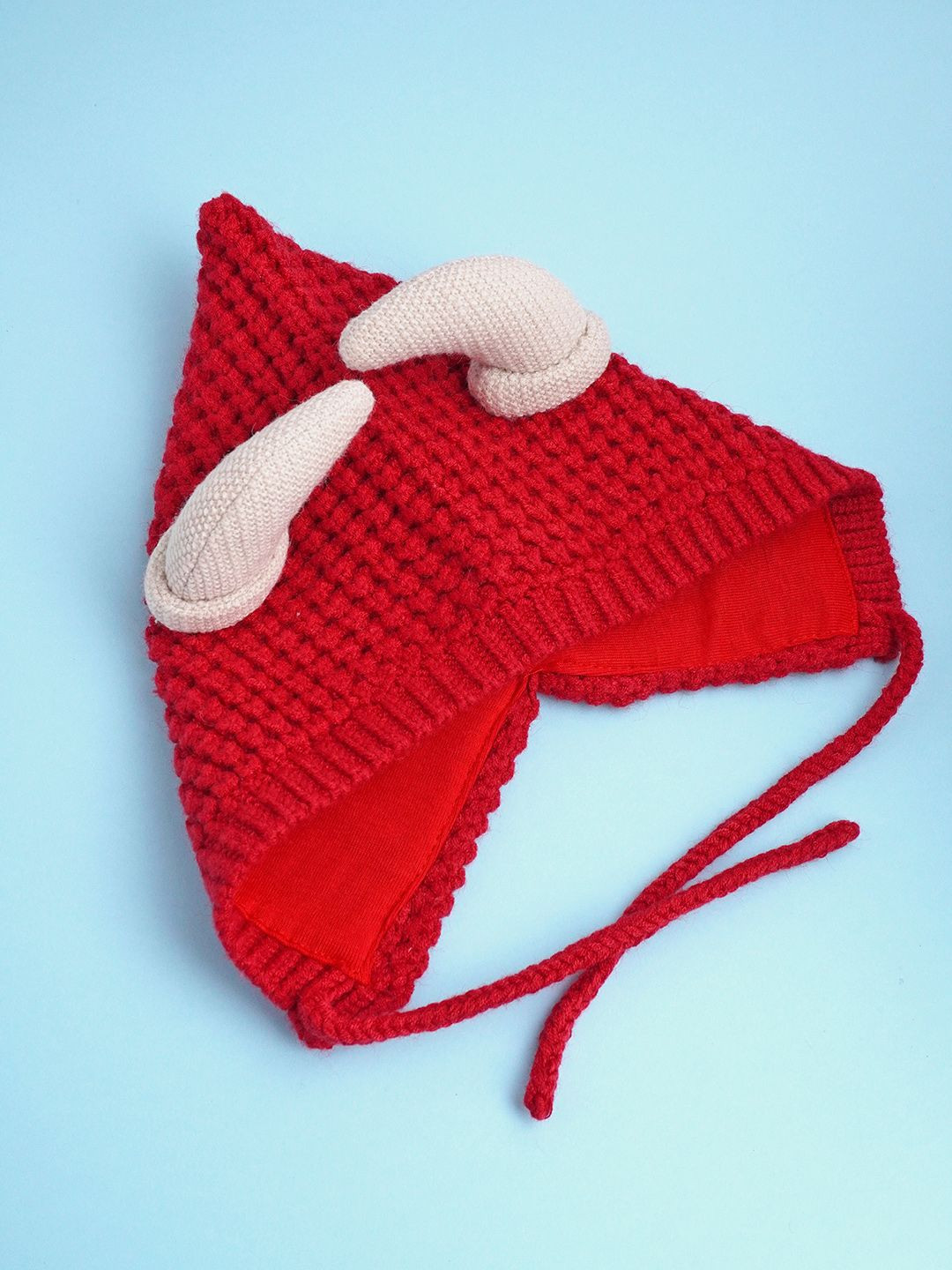 Little Surprise Box LLP Kids Red Baby Horns Knitted Soft Woolen Winter Cap With Tie