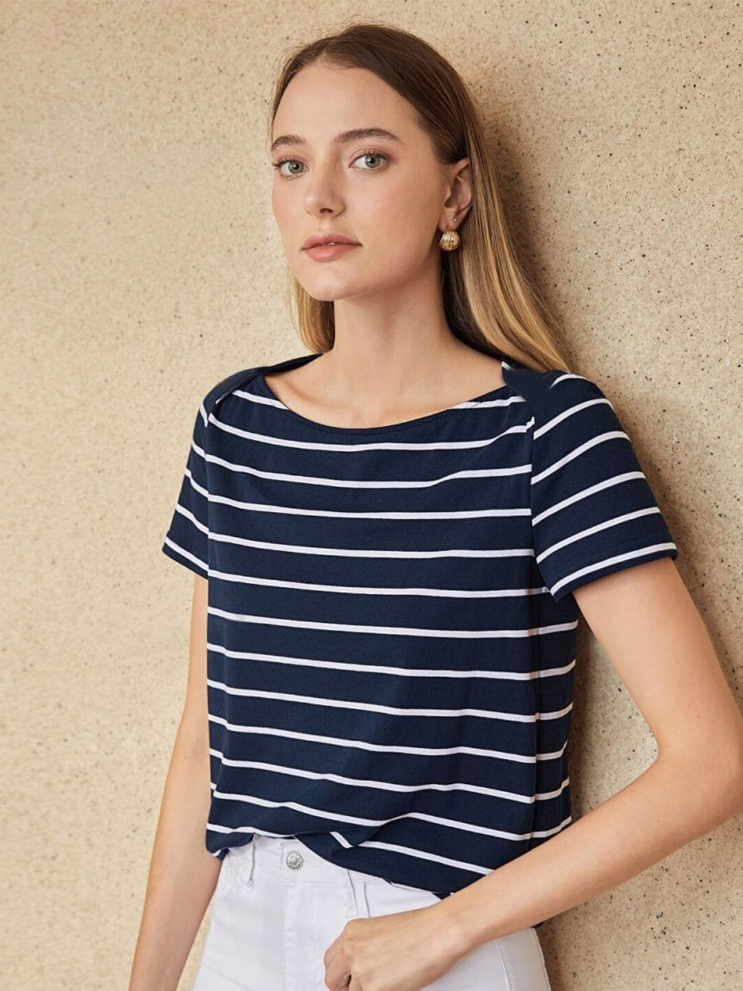 BAESD Women Striped Boat Neck Short Sleeves Top