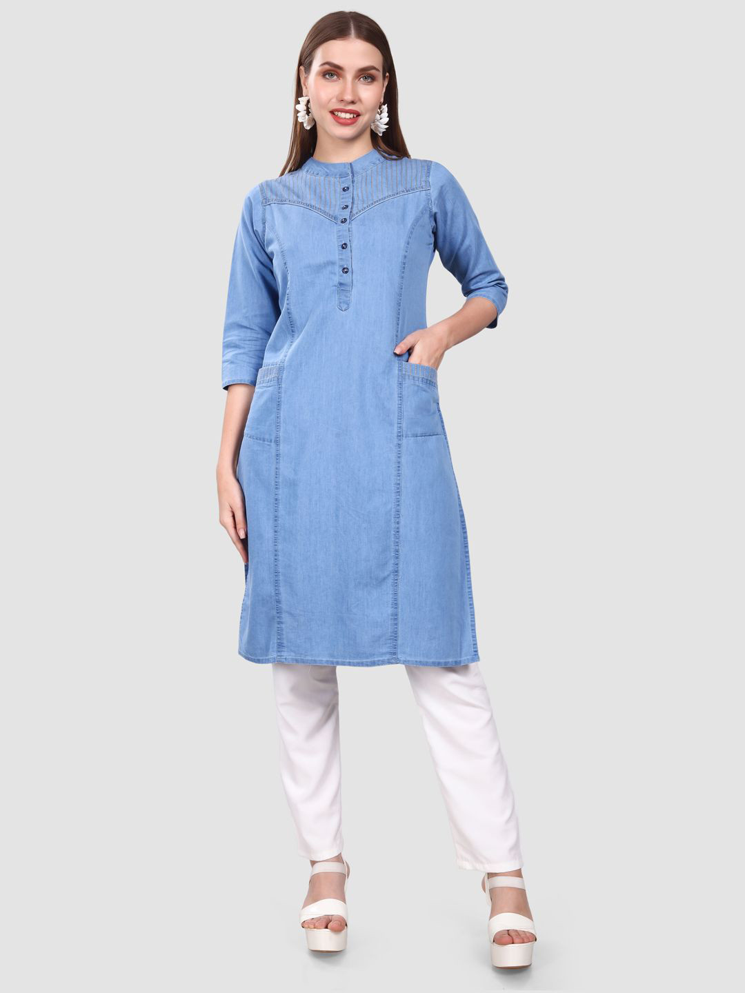 SK Creation Striped Printed Denim Straight Kurta
