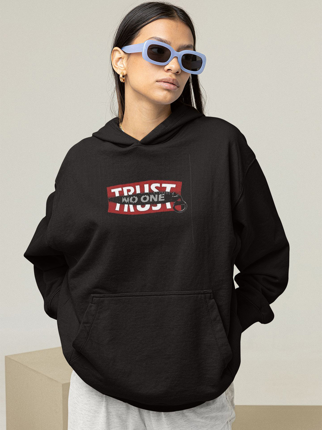 TheBTclub Women Typography Printed Trust No One Hooded Sweatshirt