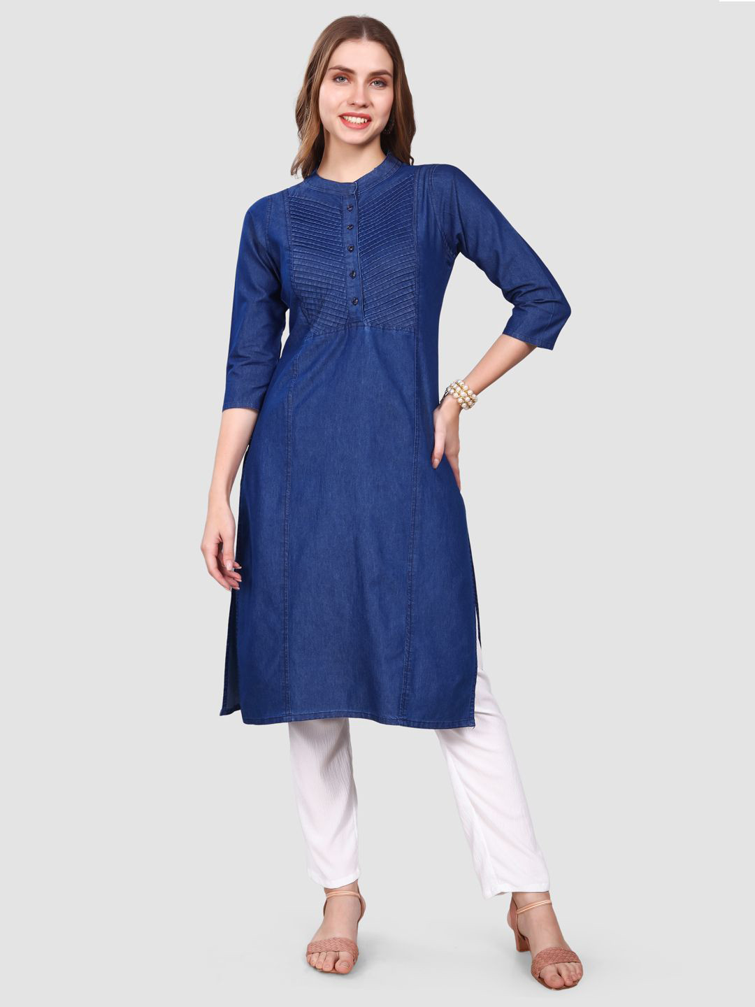 SK Creation Mandarin Collar Denim Straight Kurta