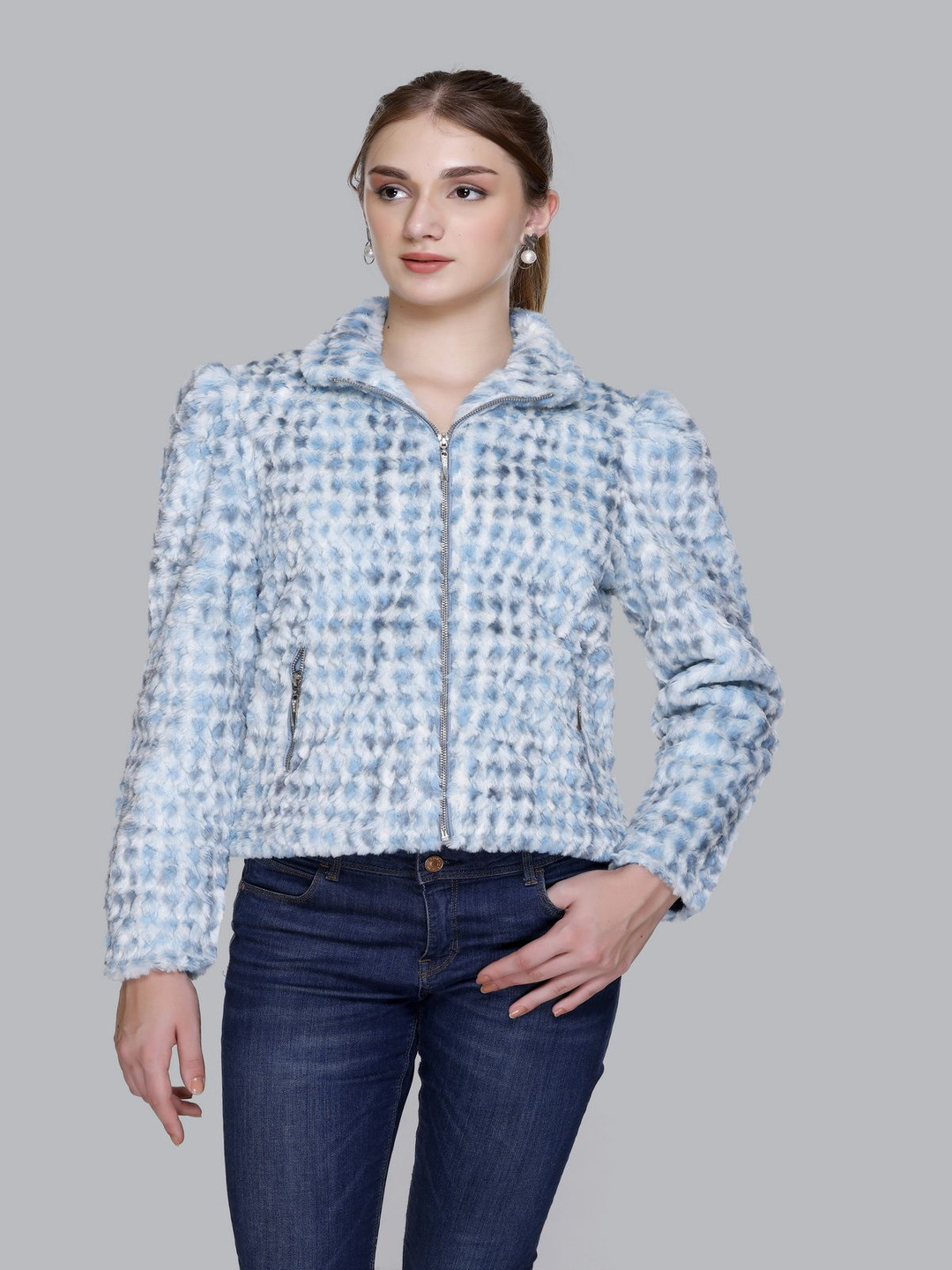 DIONA Women Mock Collar Self Design Woollen Casual Parka Jacket