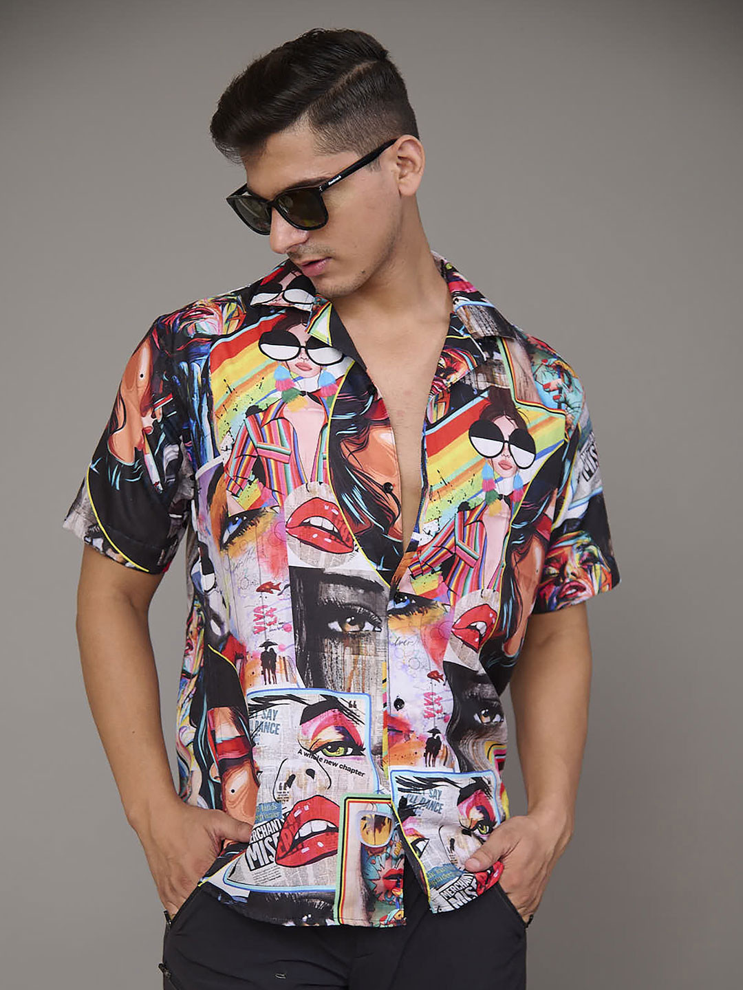 BUMCHIQ Men Comfort Relaxed Fit Cuban Collar Graphic Printed Cotton Casual Shirt