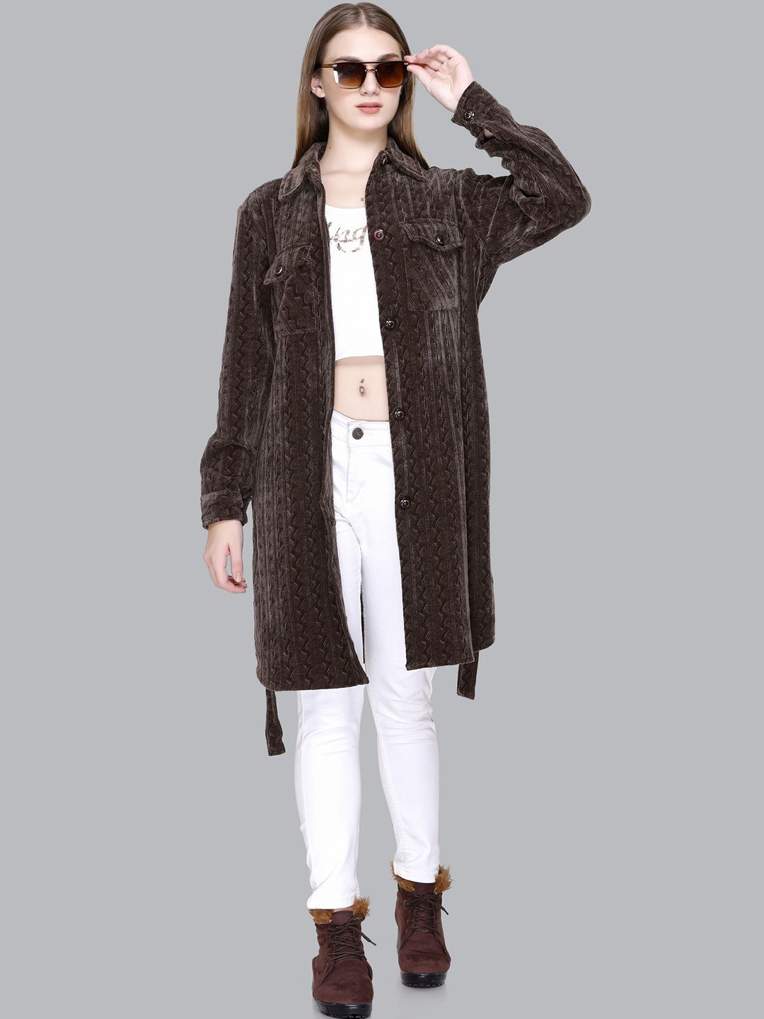 DIONA Women Self Design Cotton Shirt Knee Length Dress