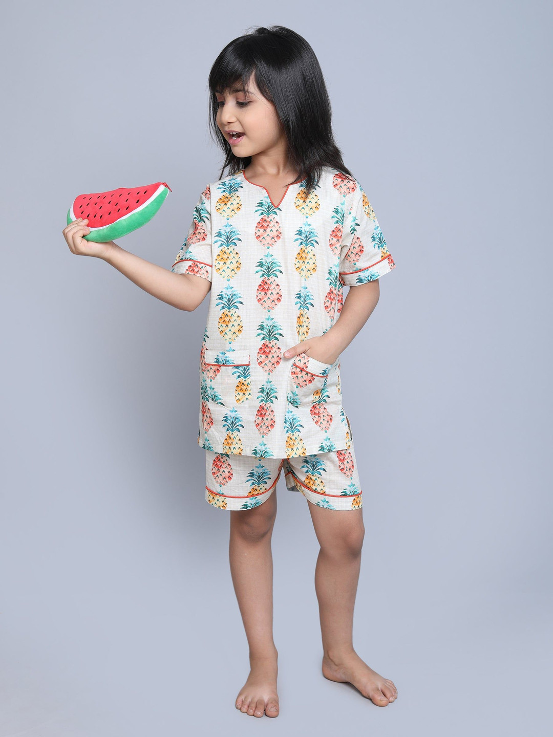 Little Clothings Kids Pineapple Fruit Printed Organic Cotton Top With Shorts