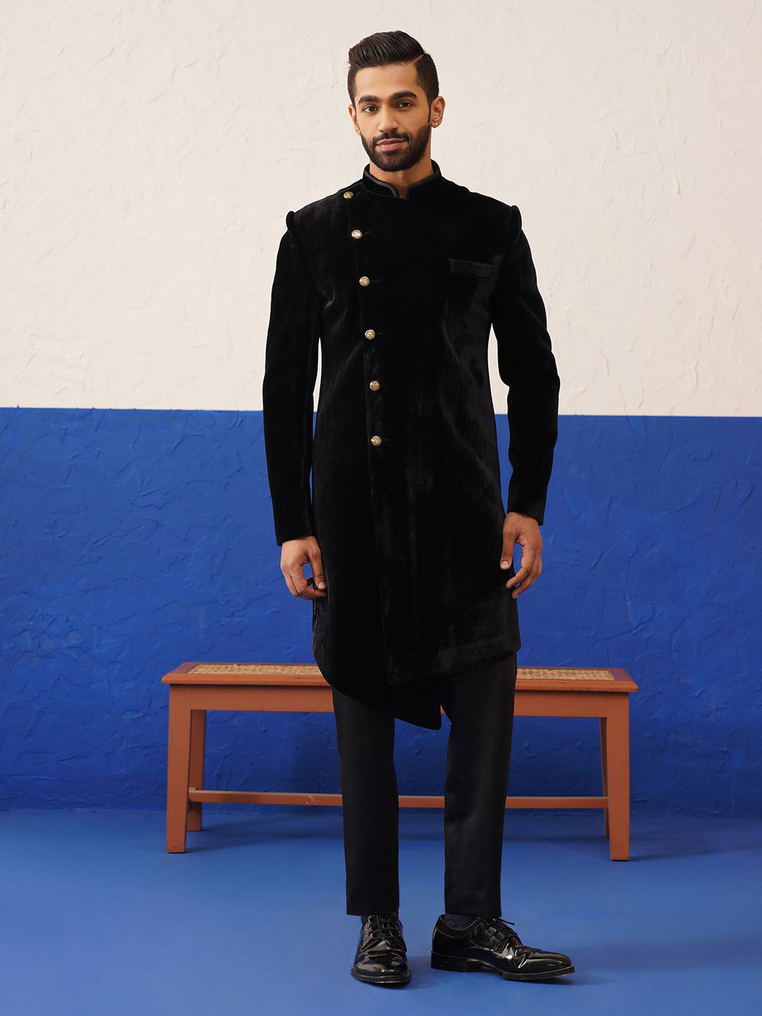 TheEthnic.Co Men Black Velvet Asymetric Indowestern