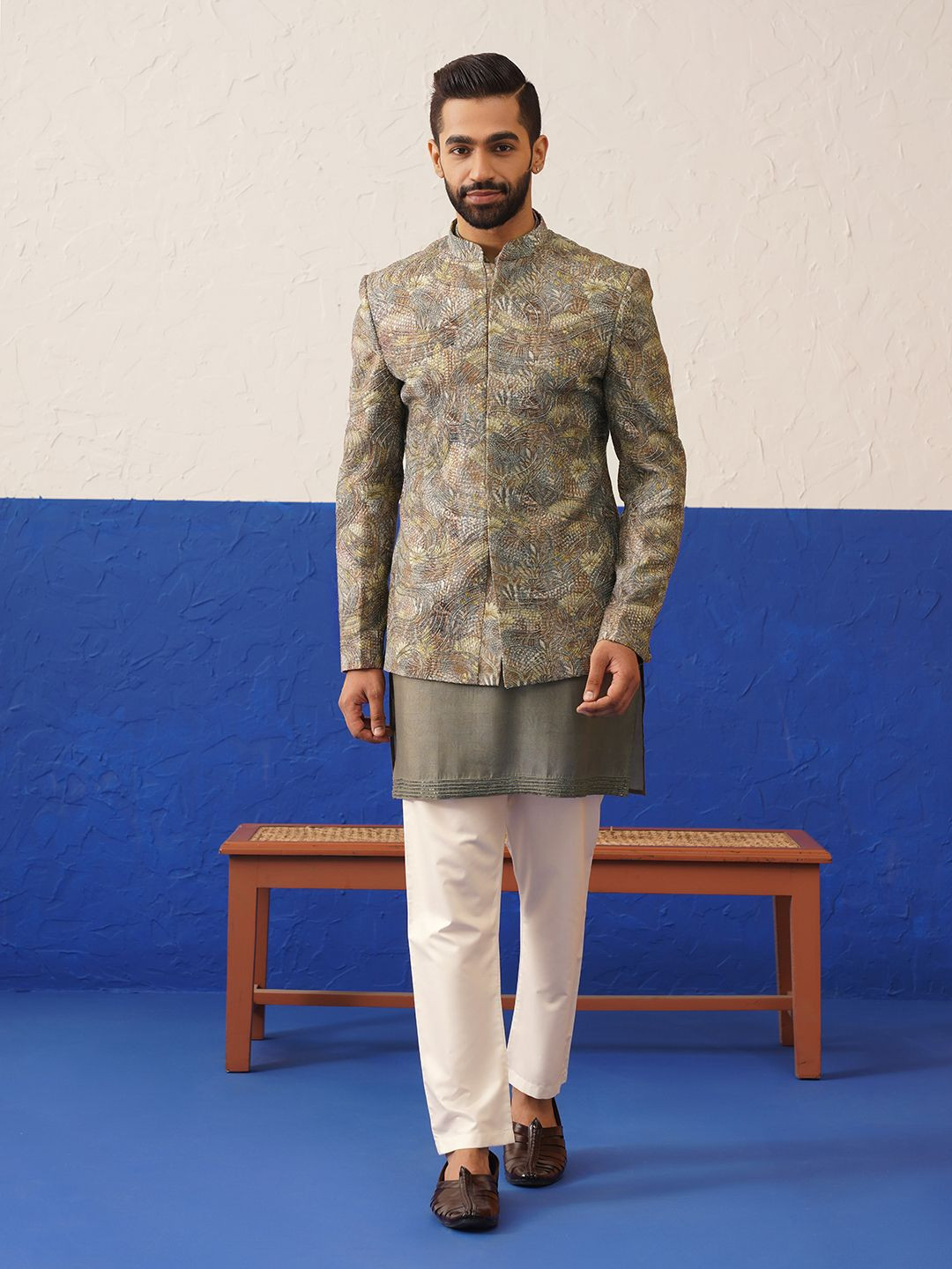 TheEthnic.Co Men Grey Multi Colour Flower Printed and Embroidered Indo Set