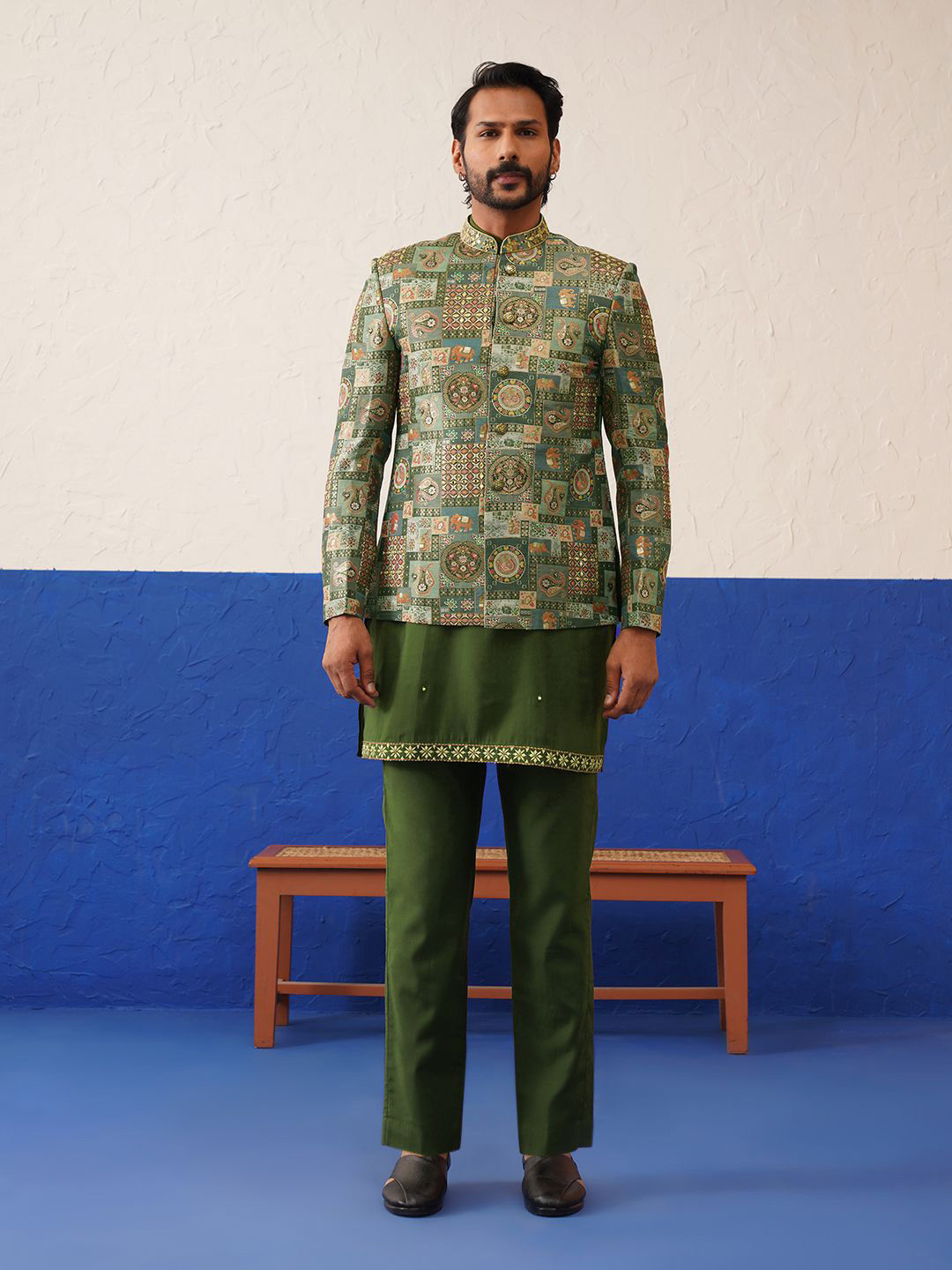 TheEthnic.Co Men Green with multi design bandhgala set