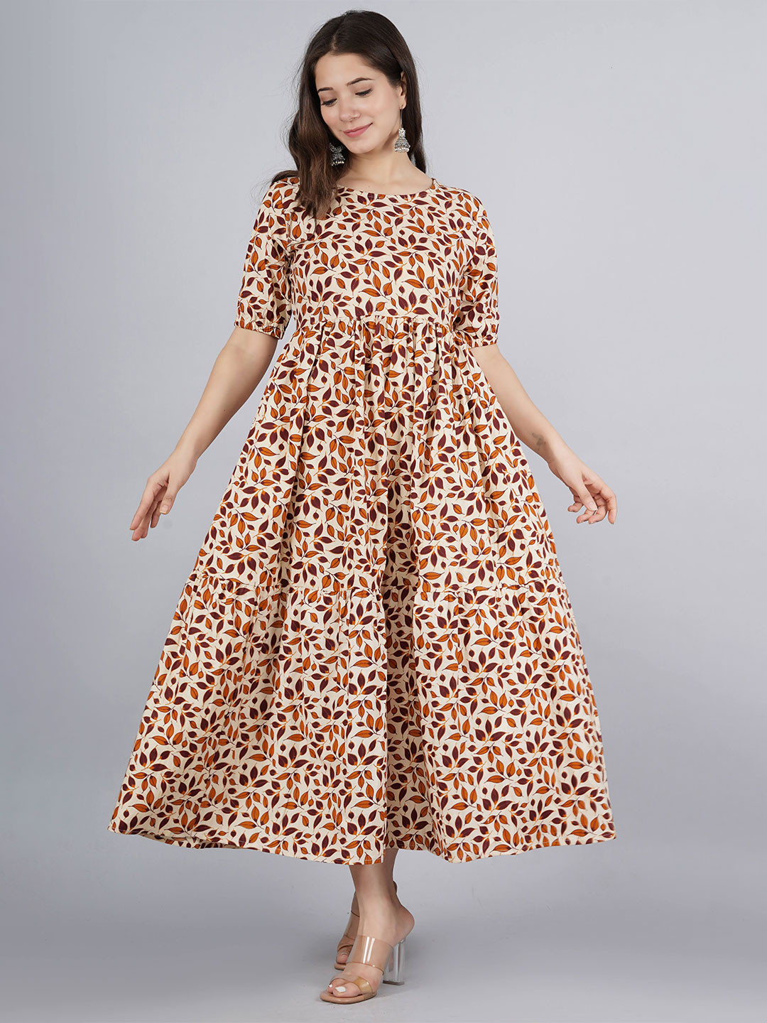 Twirl Tales Women Boat Neck Puff Sleeve Pure Cotton A-Line Midi Dress