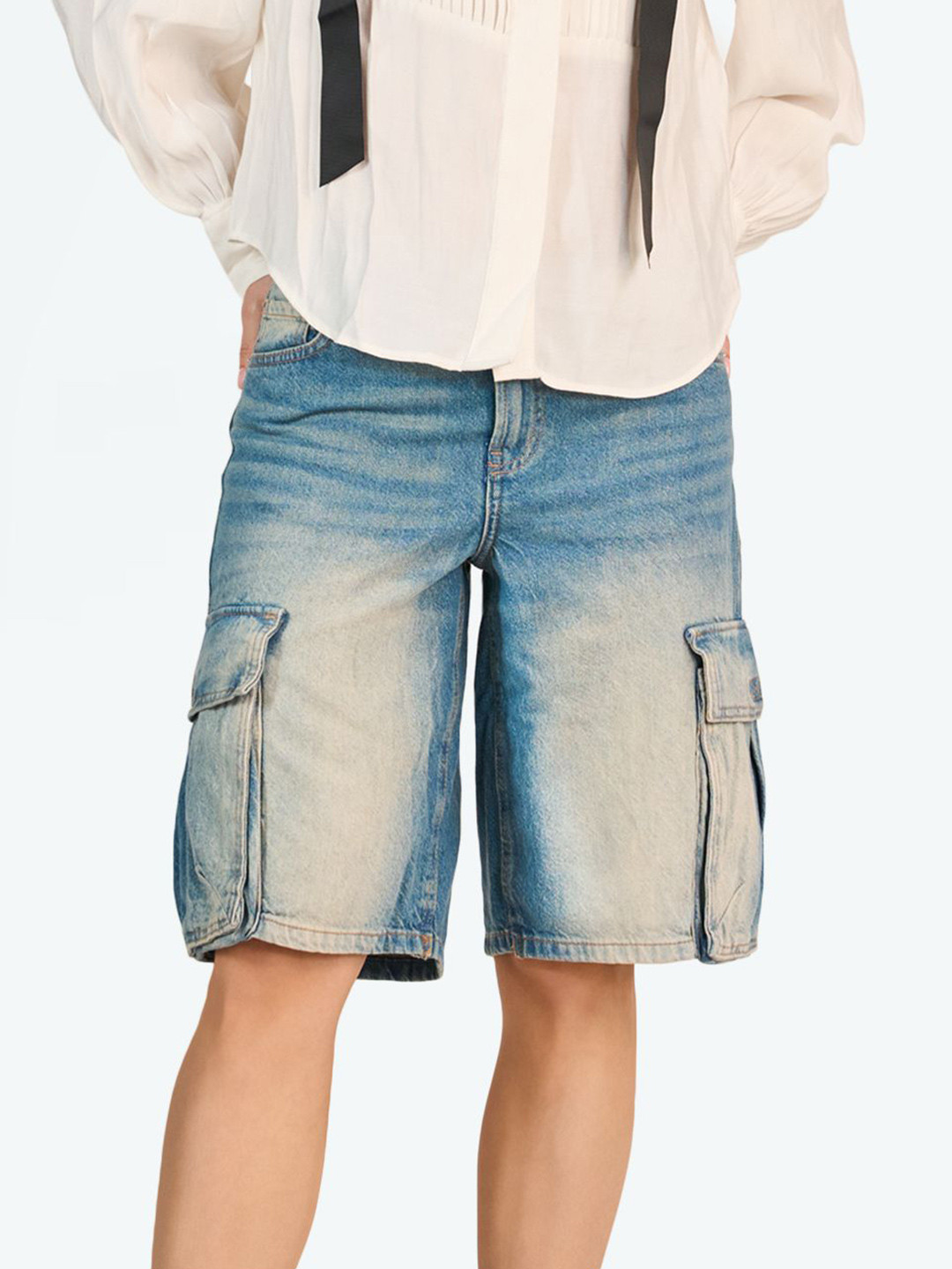 LOVEGEN Women Light Blue Cargo Bermuda Denim Shorts