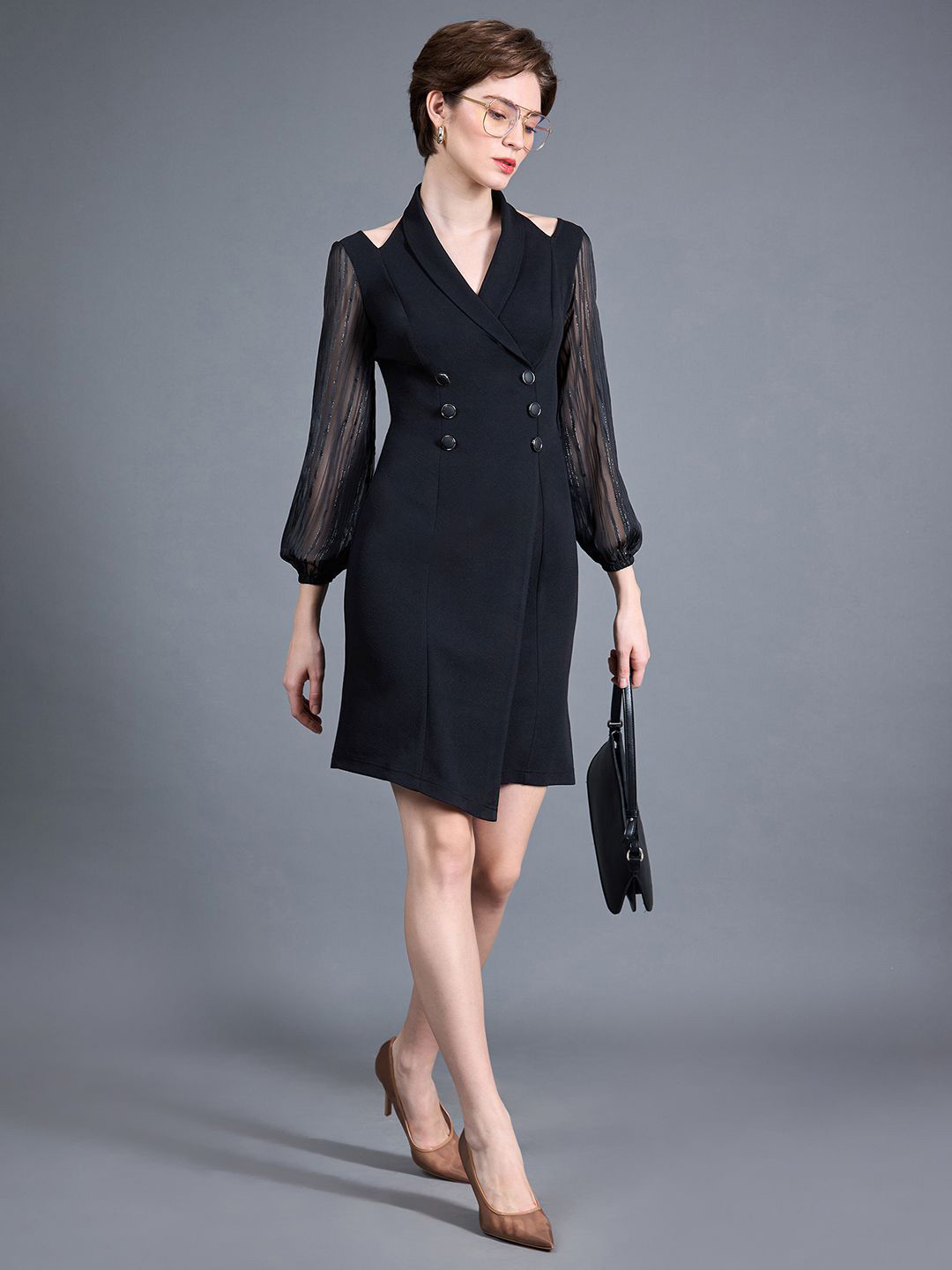 Miss Chase Women Shawl Collar Bishop Sleeve Solid Double Breasted Knee Length Formal Dress