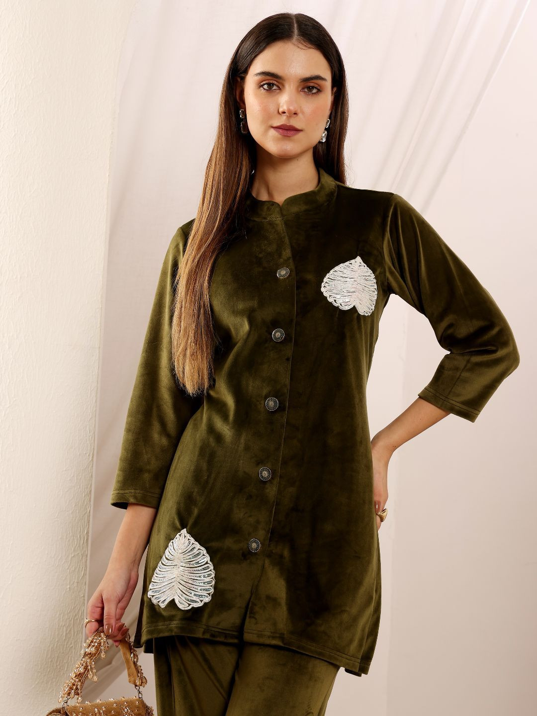 Lative Colours of Fashion Floral Embroidered Patchwork Velvet Top With Trouser