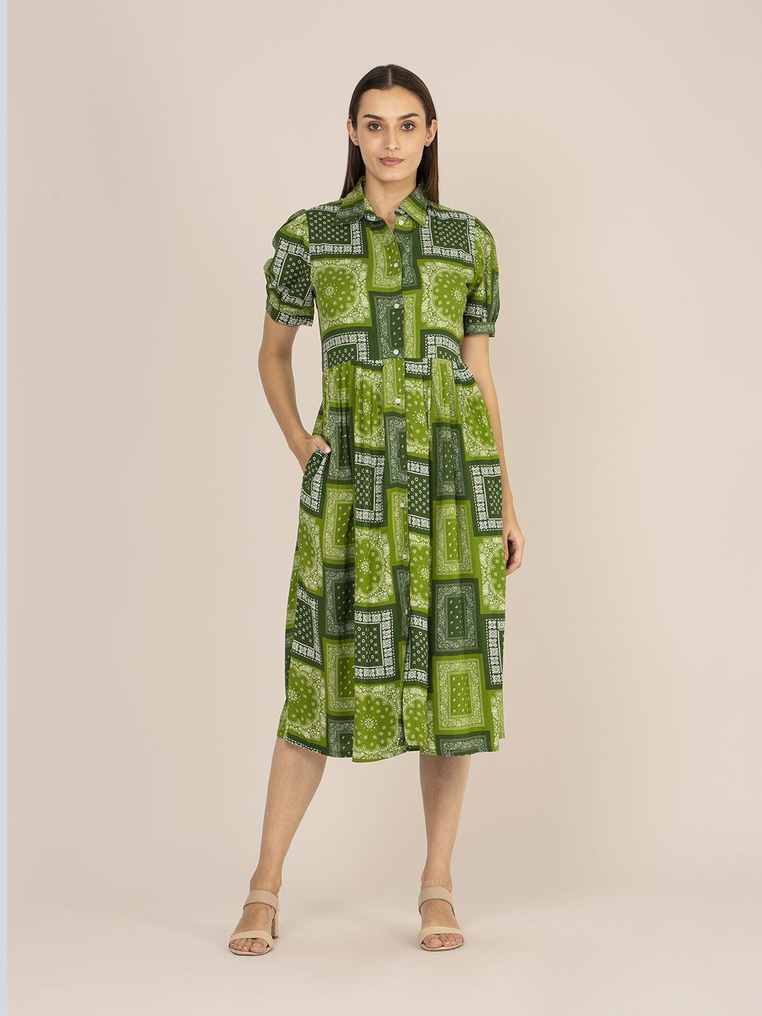 AMSWAN Women Ethinic Motif Printed Shirt Collar Puff Sleeves Midi Dress