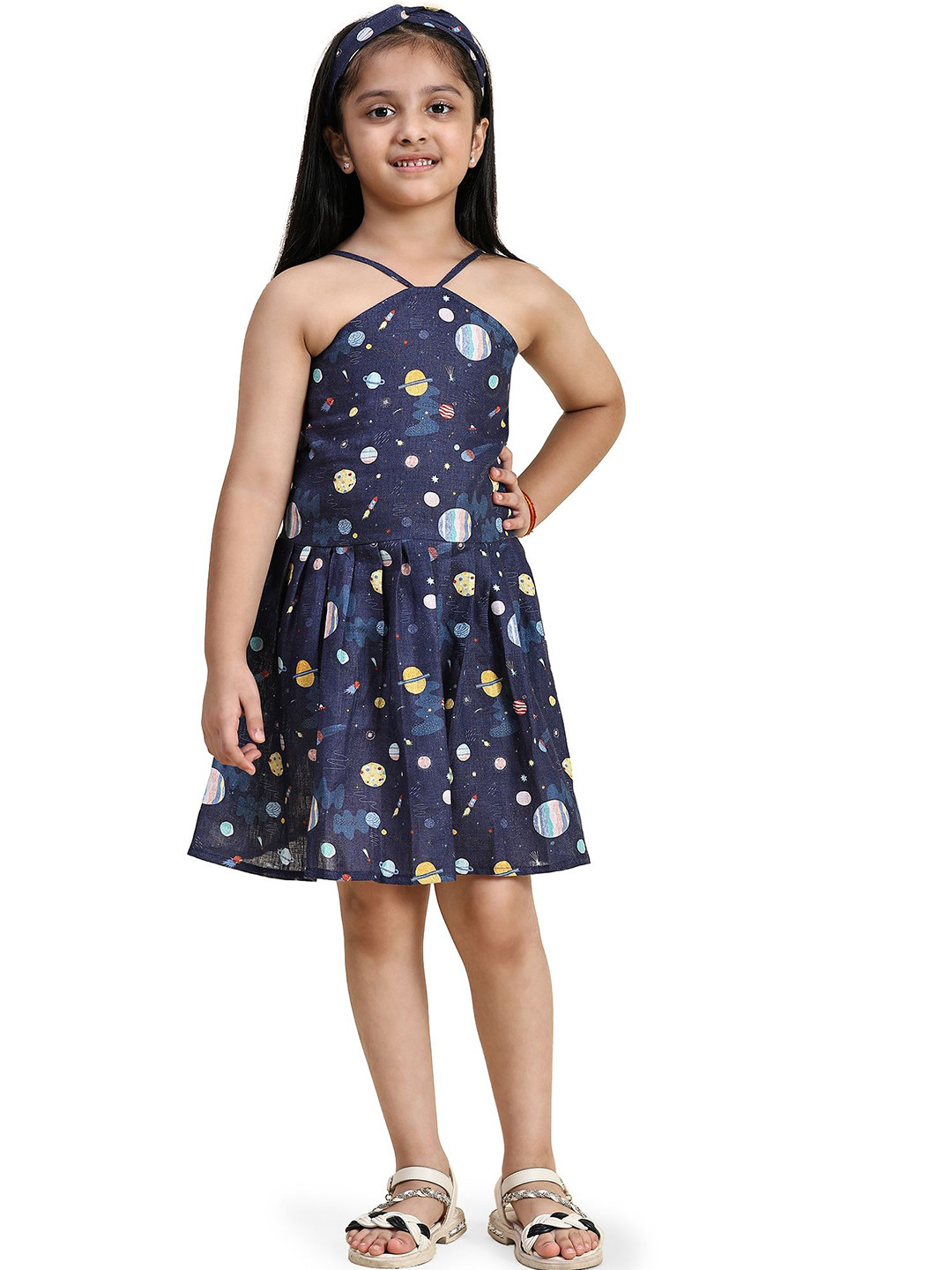 Funny Bones Clothings Girls Printed Halter Neck Linen Fit and Flare Dress