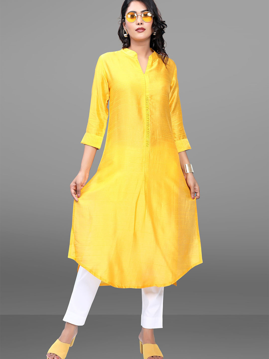 BABRU Mandarin Collar Tusser Silk A-Line Kurta