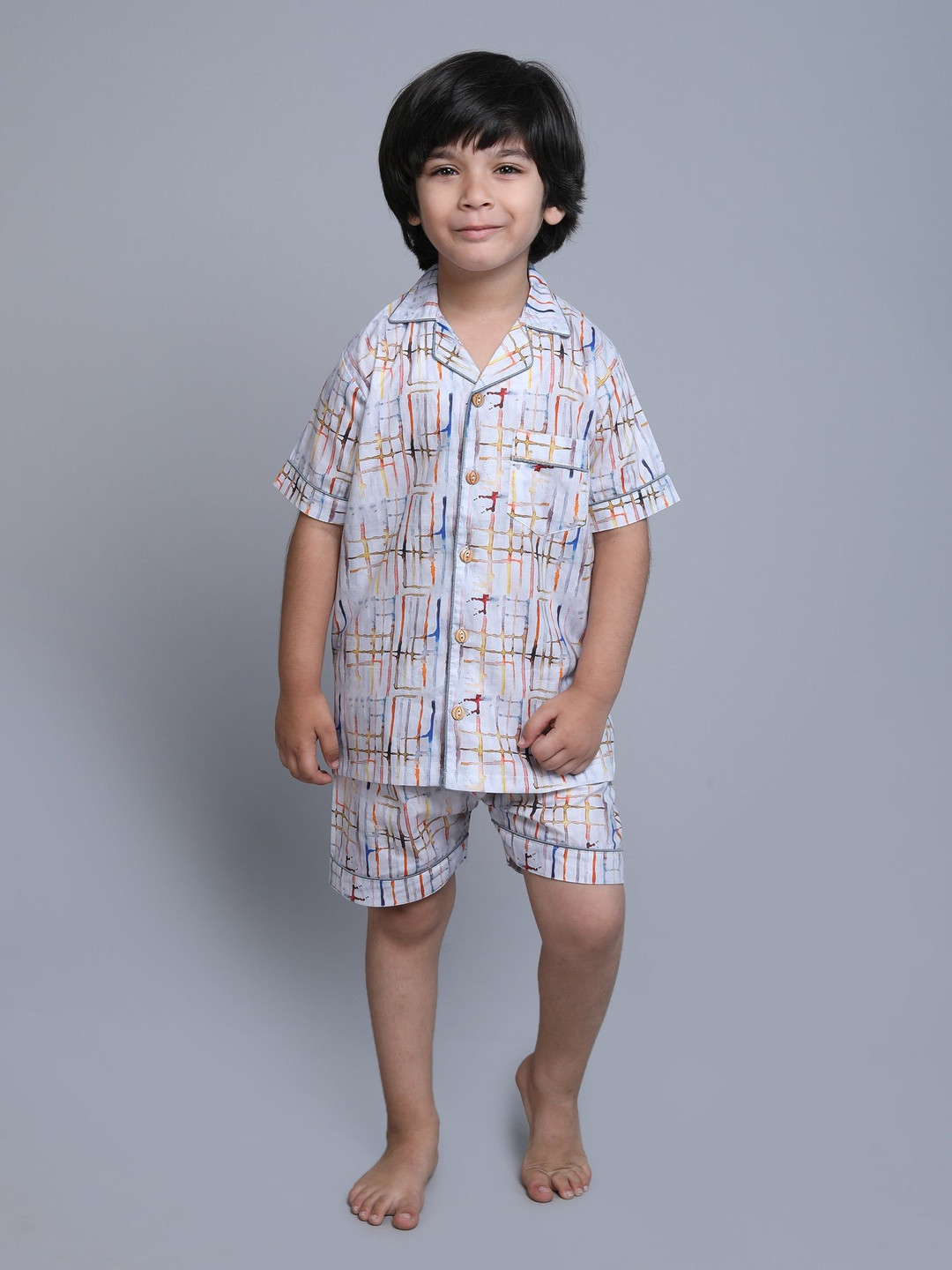 Little Clothings Kids White Marble Printed Lapel Collar Organic Cotton Night Suit