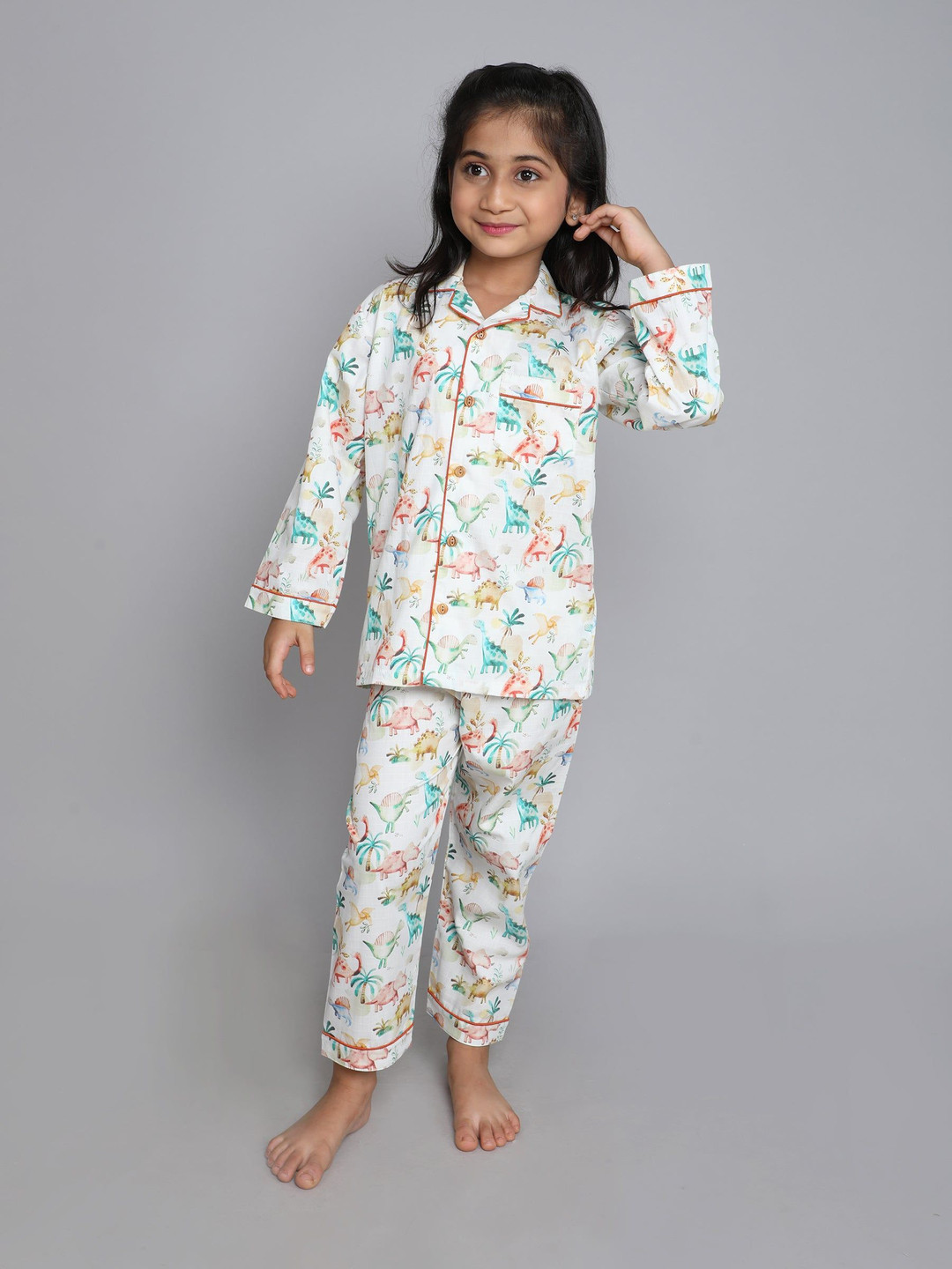 Little Clothings Girls The Jurassic Park Printed Pure Cotton Night Suit