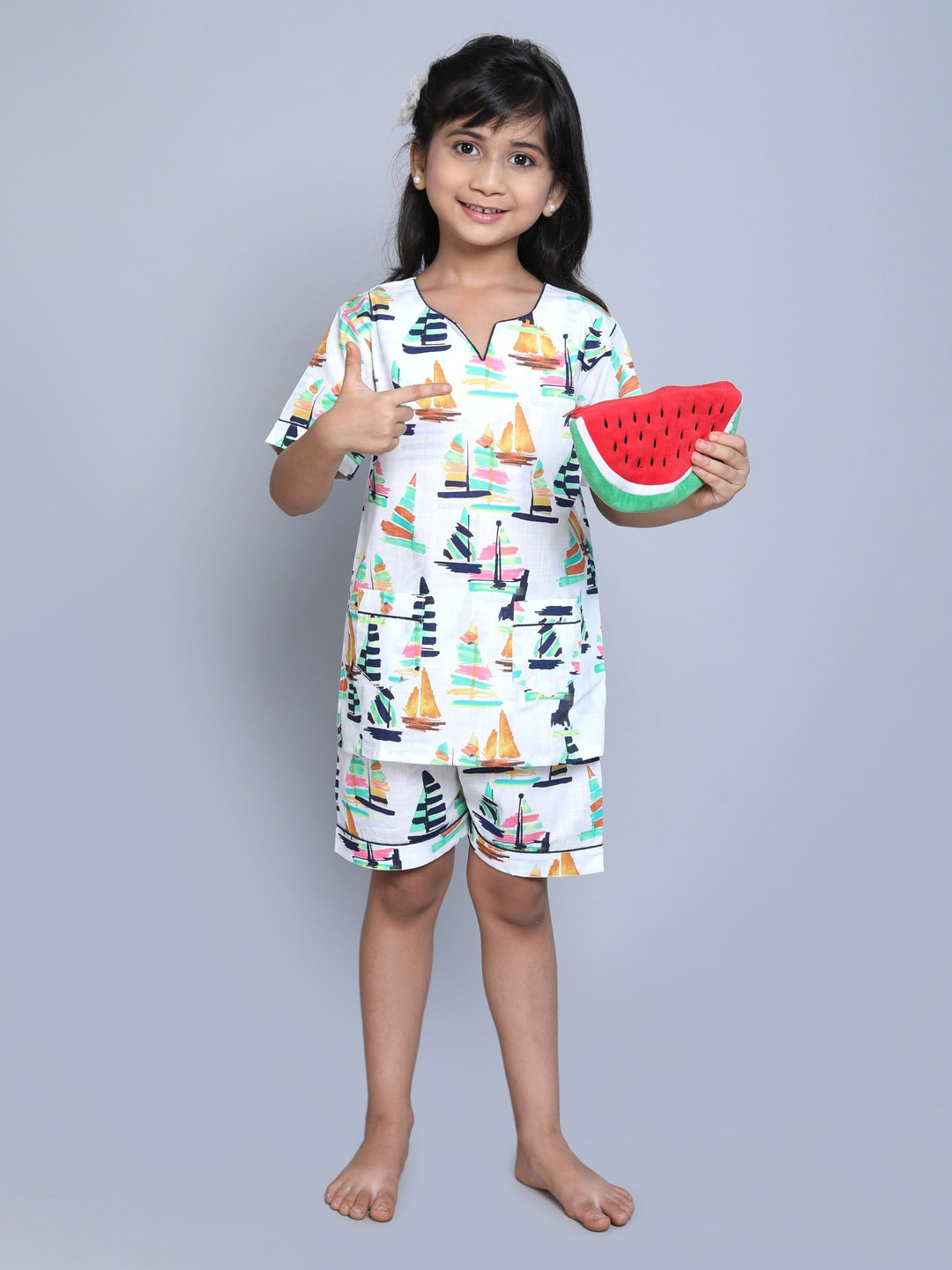 Little Clothings Girls Ship Printed Pure Cotton Top & Shorts Night Suit