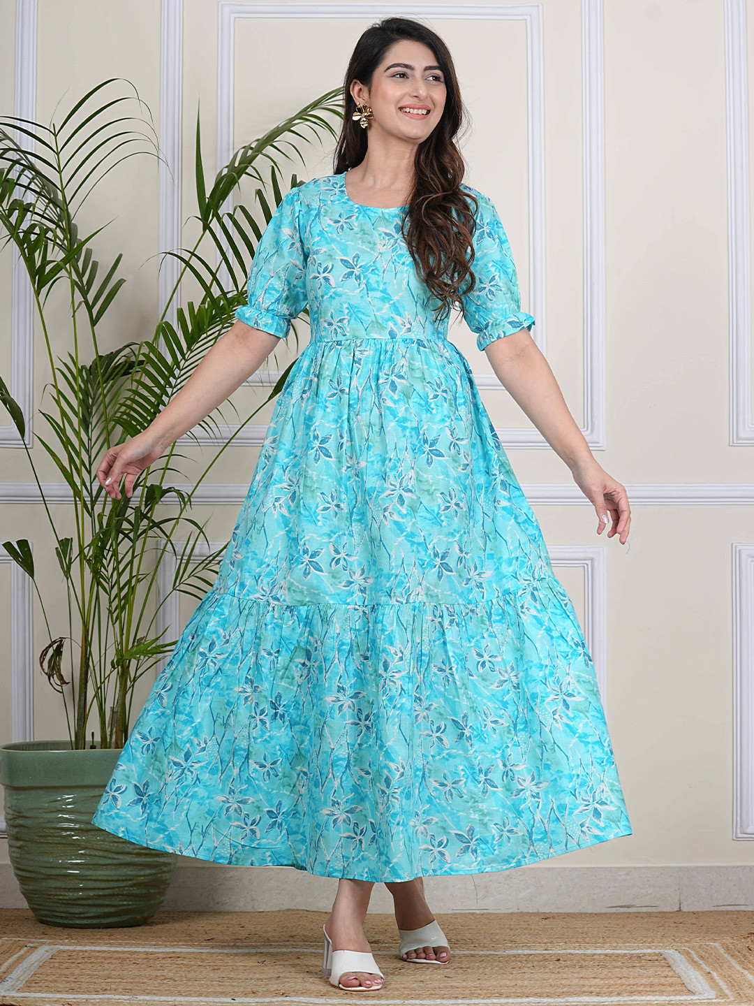 Twirl Tales Floral Print Puff Sleeve A-Line Midi Dress