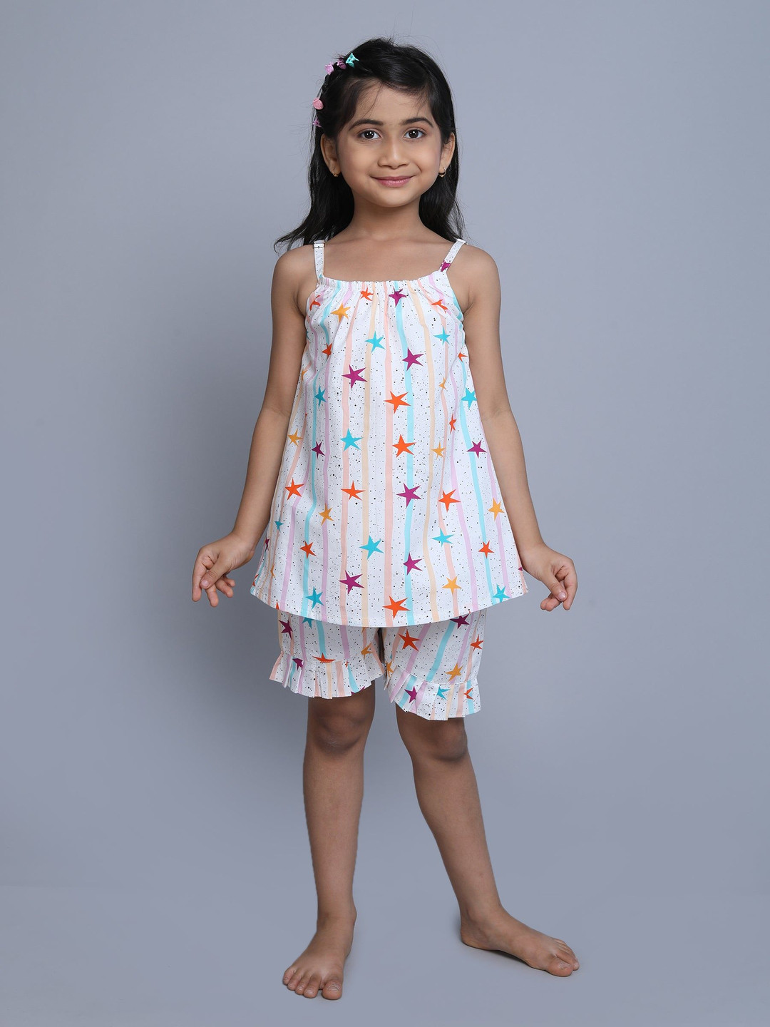Little Clothings Girls Organic Cotton Star Printed Shoulder Straps Nightsuit