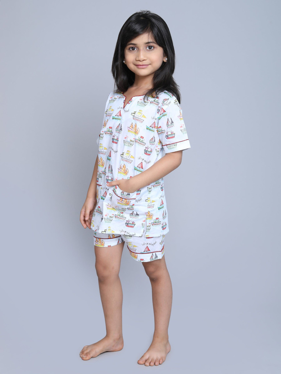Little Clothings Girls Pure Cotton Ship Printed Night Suits