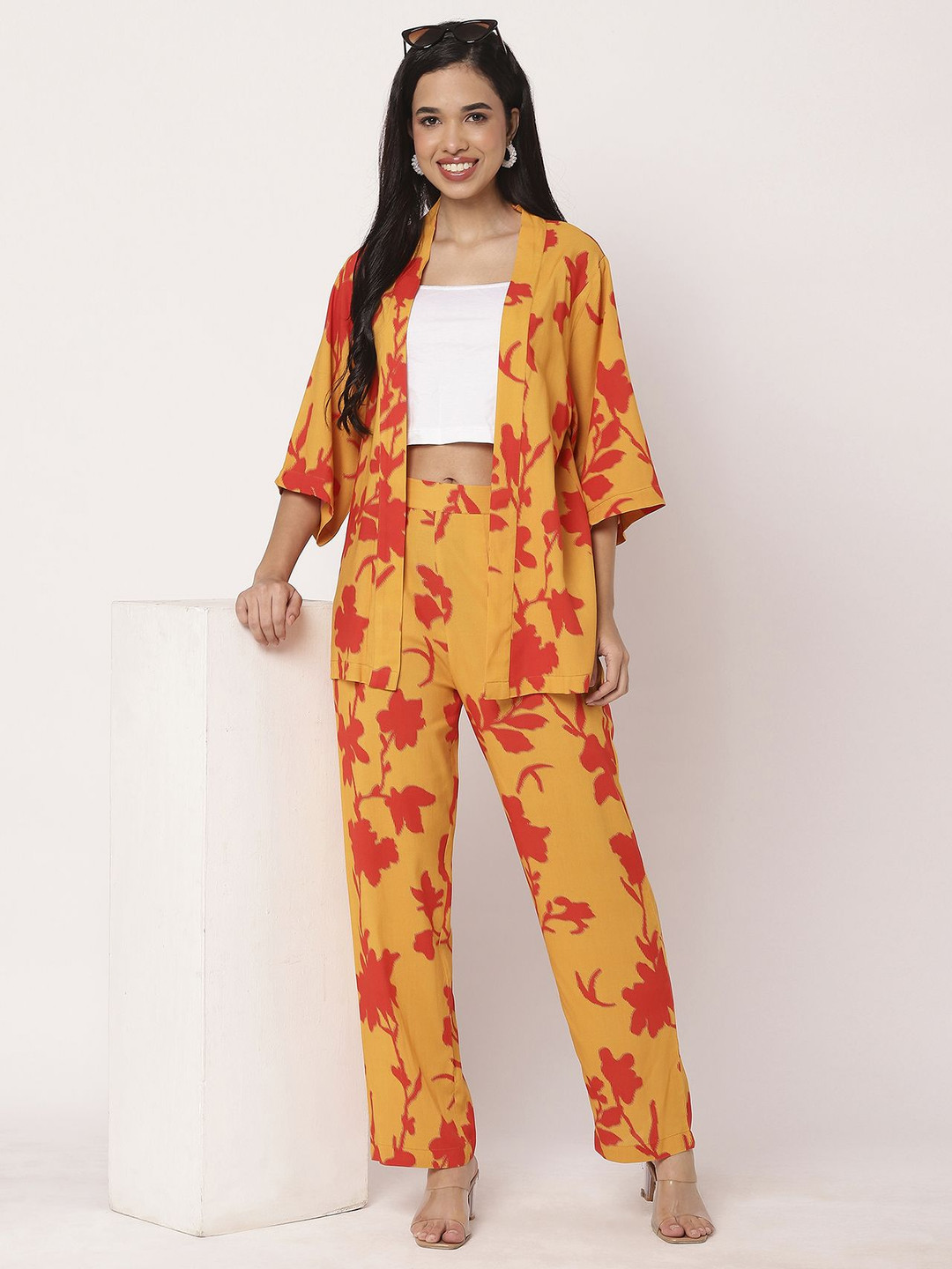Moomaya Floral Printed Tube Top With Trouser And Shrug