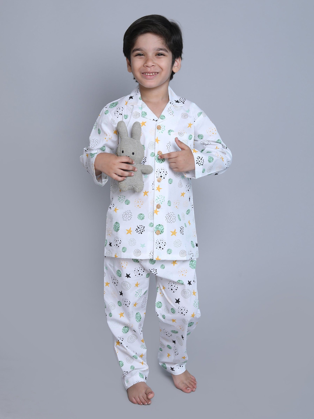 Little Clothings Star Printed Lapel Collar Organic Cotton Shirt With Pyjama