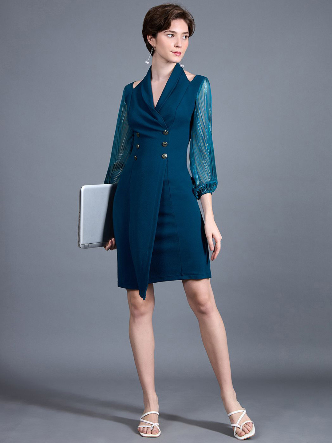 Miss Chase Women Shawl Collar Bishop Sleeves Double Breasted Knee Length Formal Dress