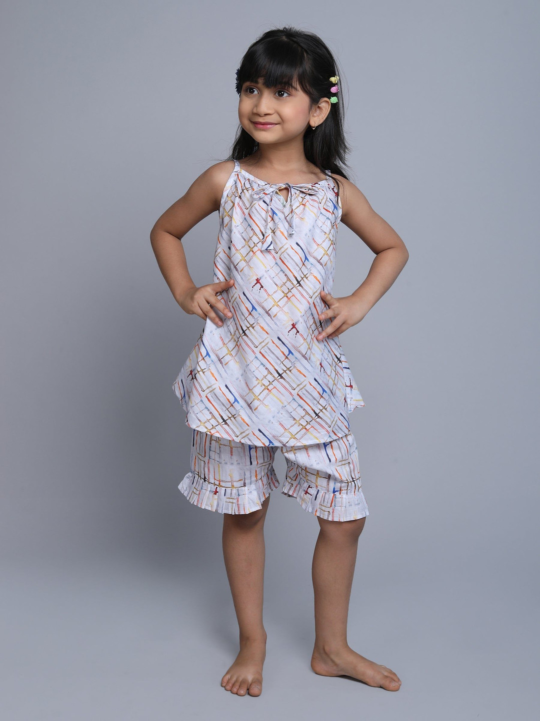 Little Clothings Girls Marble Printed Tie-Up Neck Cotton Night suit