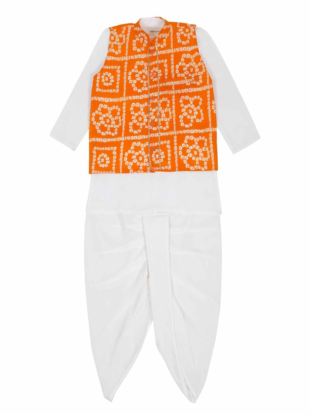 LITTLE GINNIE Boys Bandhani Printed Pure Cotton Kurta With Dhoti Pants And Half-Jacket