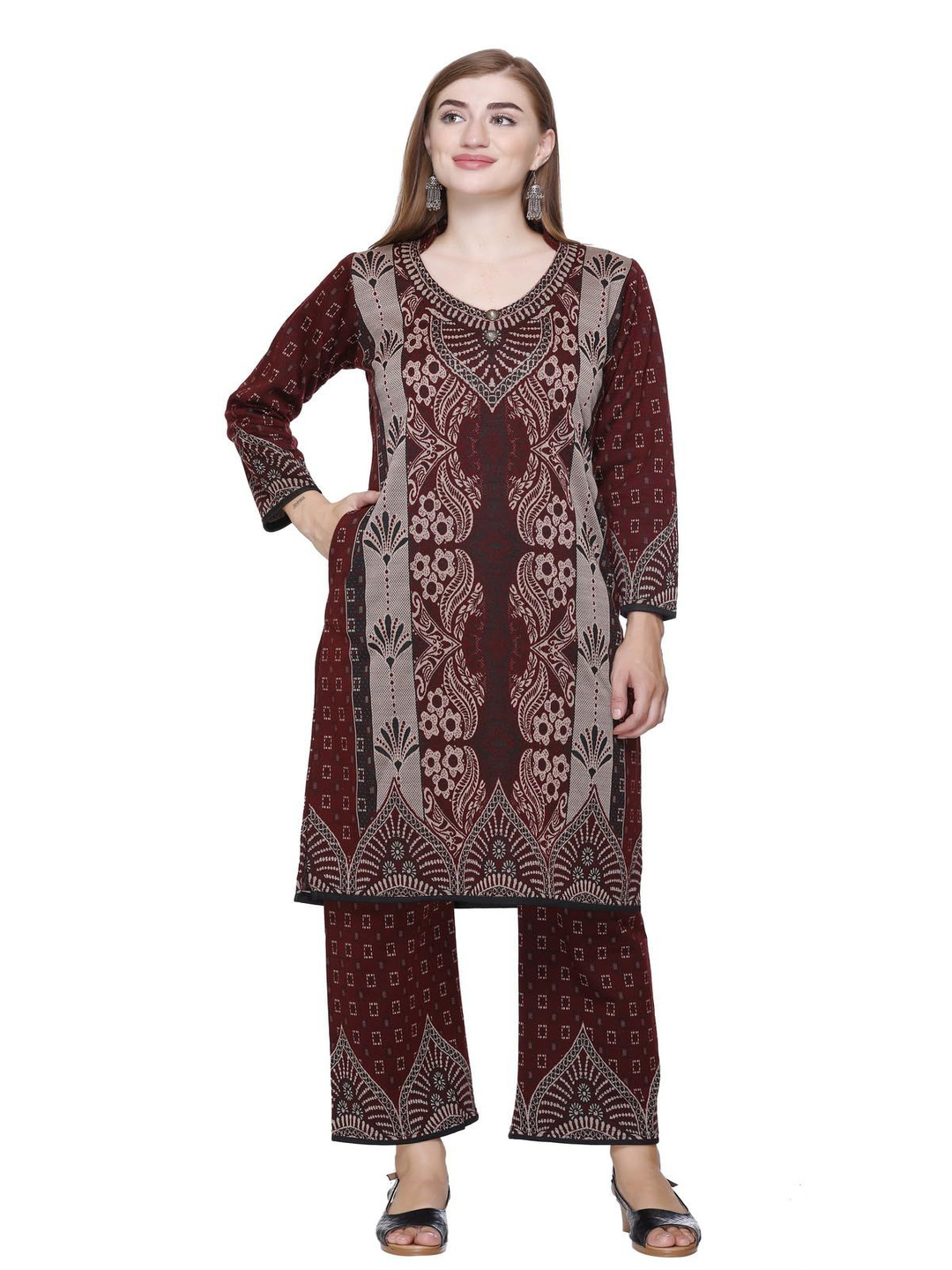 ROSARY Floral Printed Mandarin Collar Jacquard Woollen Straight Kurta With Palazzos