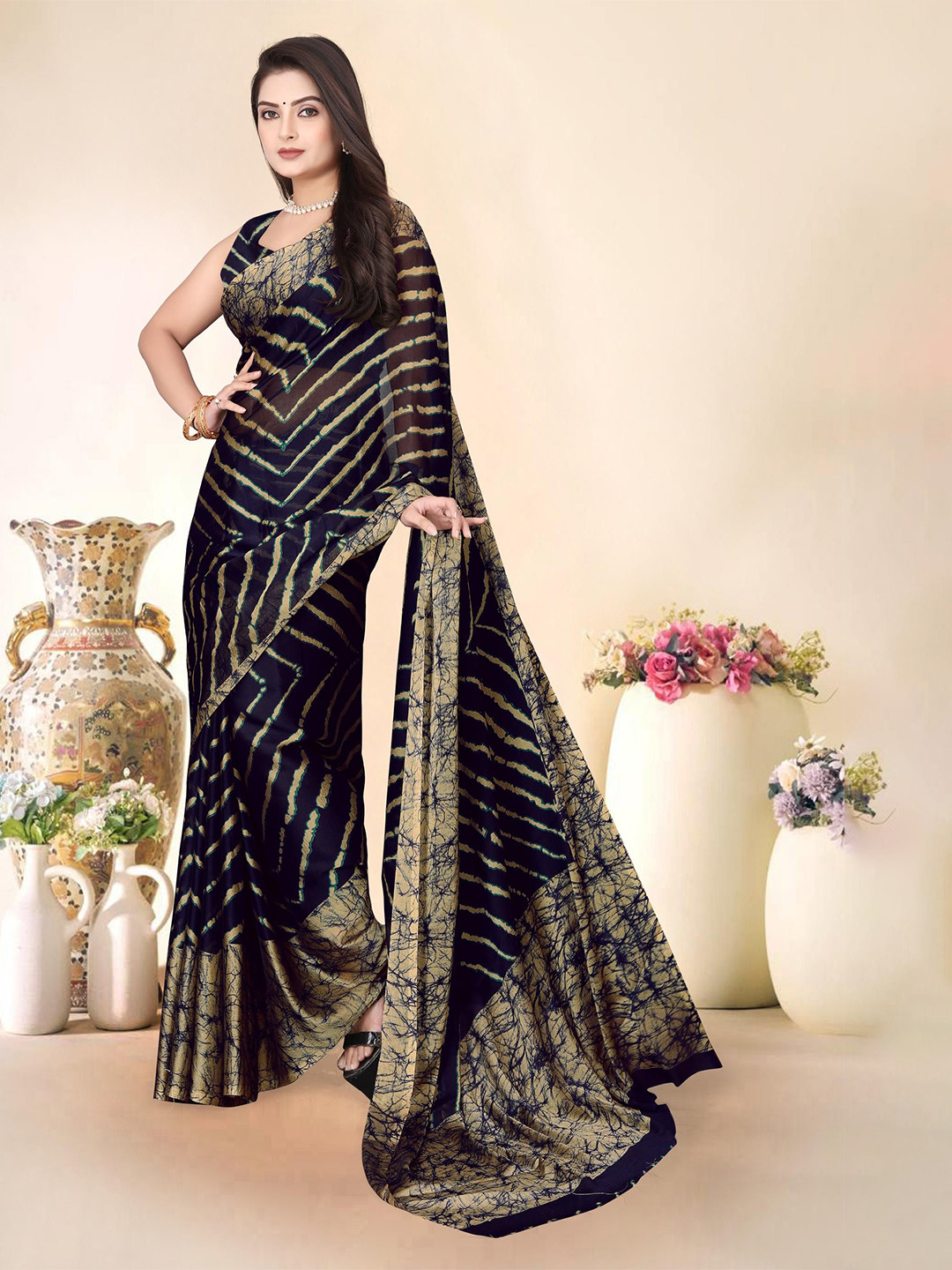 SUPERLAXMI Leheriya Pure Chiffon Leheriya Saree