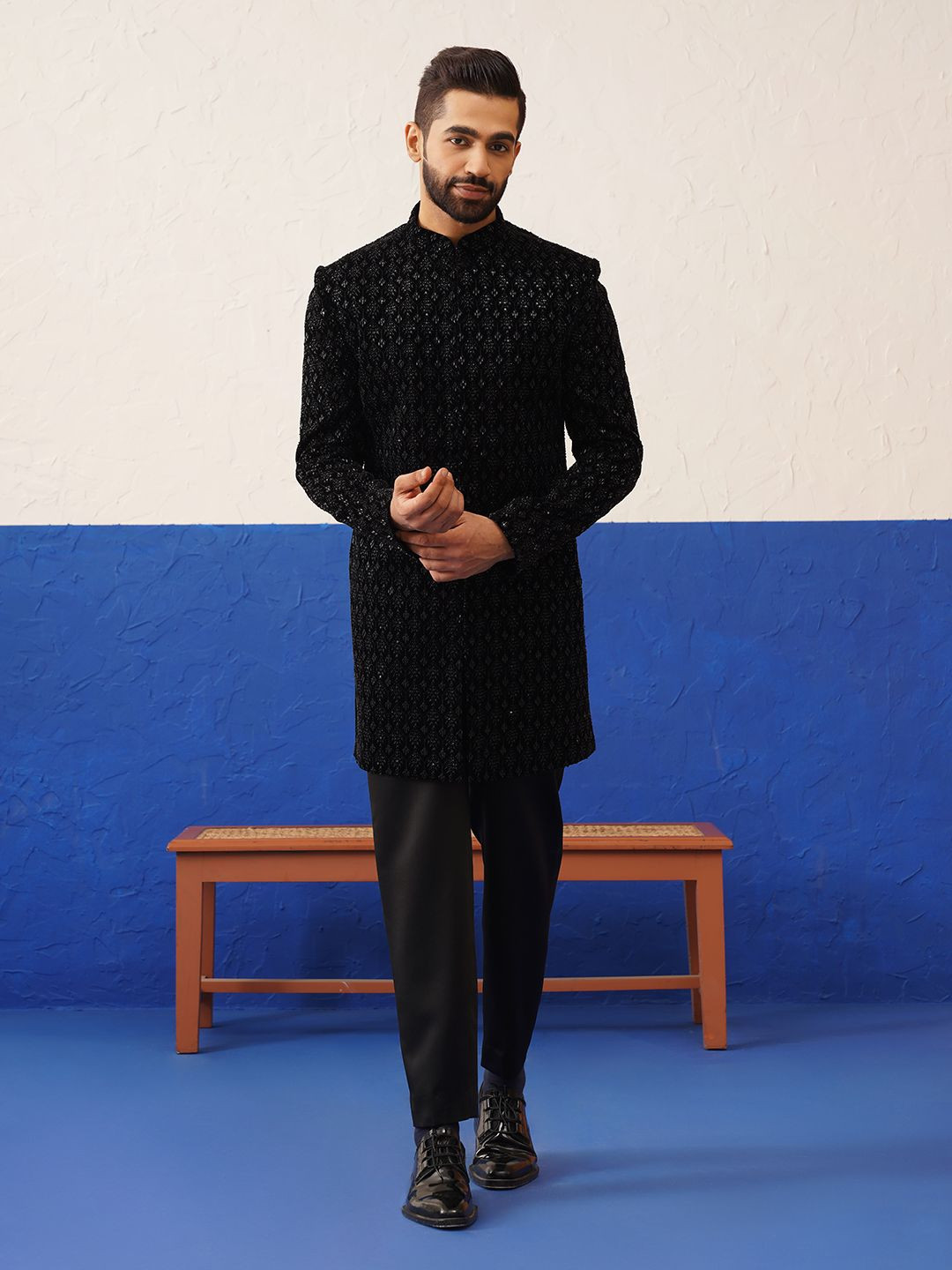 TheEthnic.Co Men Black Velvet Embroidered Short Indo Set