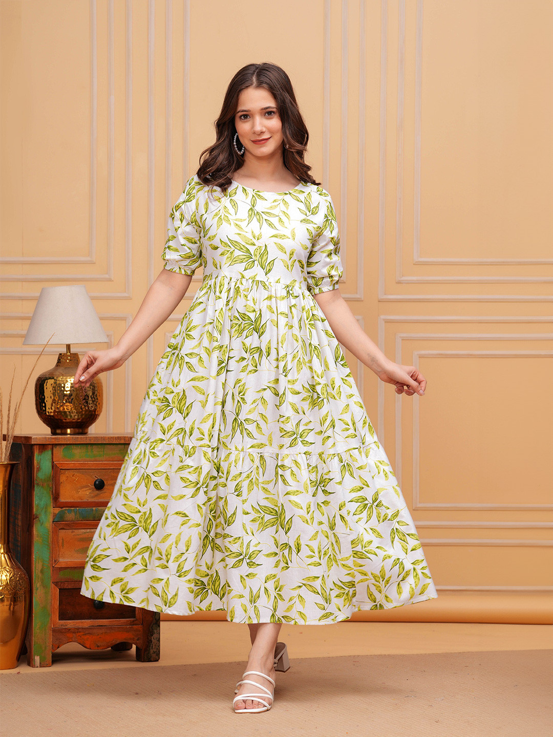 Twirl Tales Women Puff Sleeve Tiered Pure Cotton Fit and Flare Midi Dress