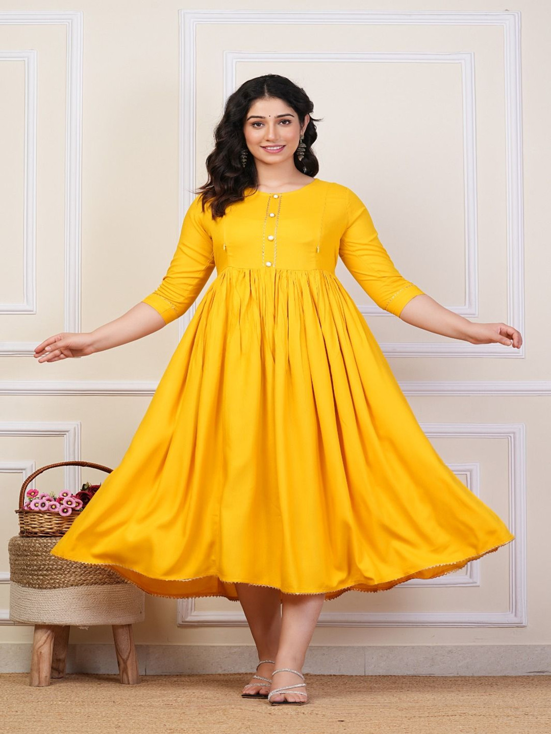 Pristyle Round Neck Fit & Flare Midi Maternity Ethnic Dress