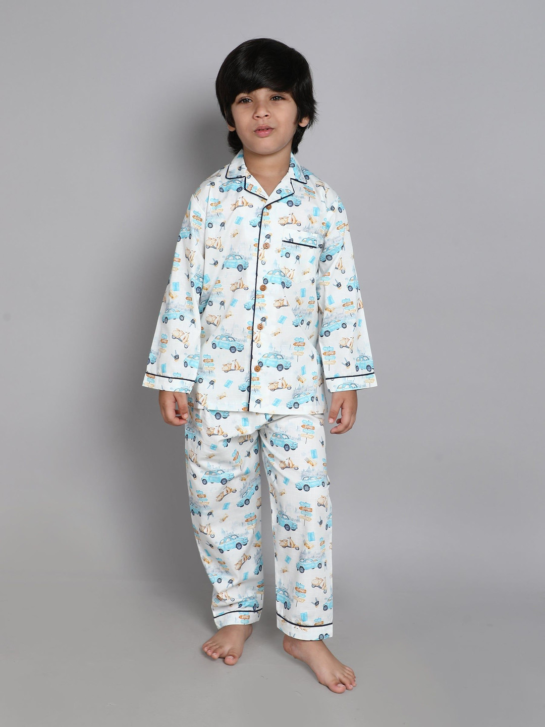 Little Clothings Unisex Car Printed Pure Cotton Shirt With Pyjamas