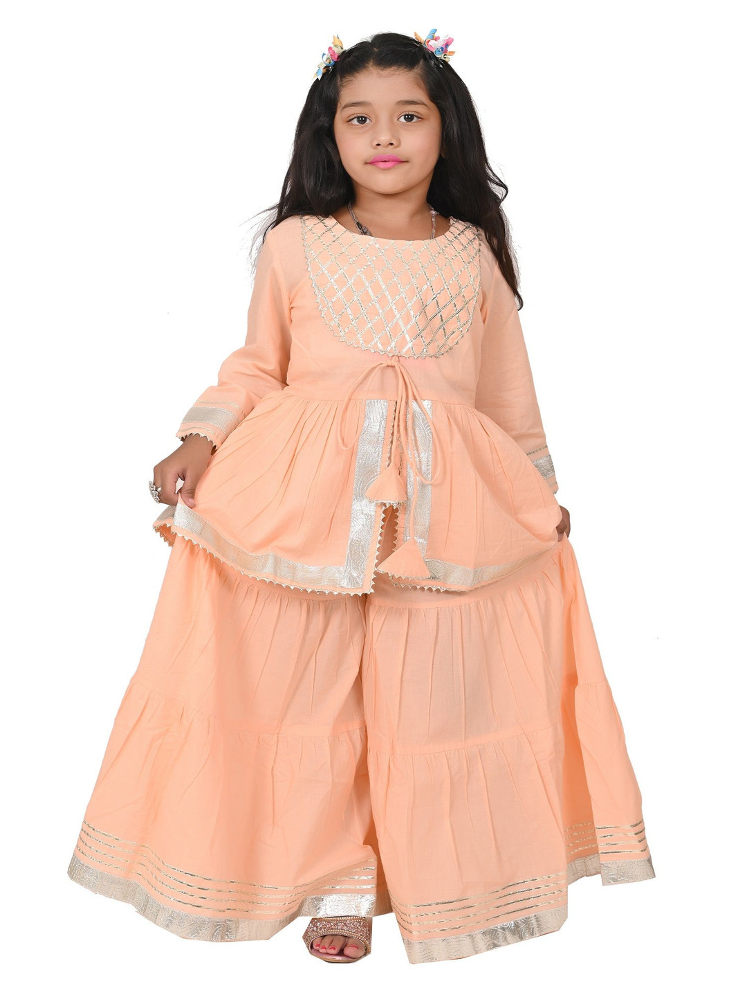 Megha Overseas Girls Round Neck Pleated Gotta Patti Anarkali Kurti With Sharara