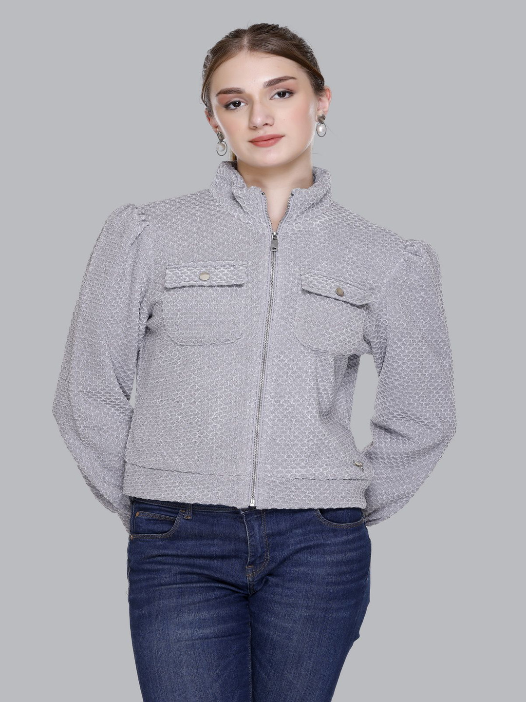 DIONA Women Mock Collar Self Design Casual Parka Jacket