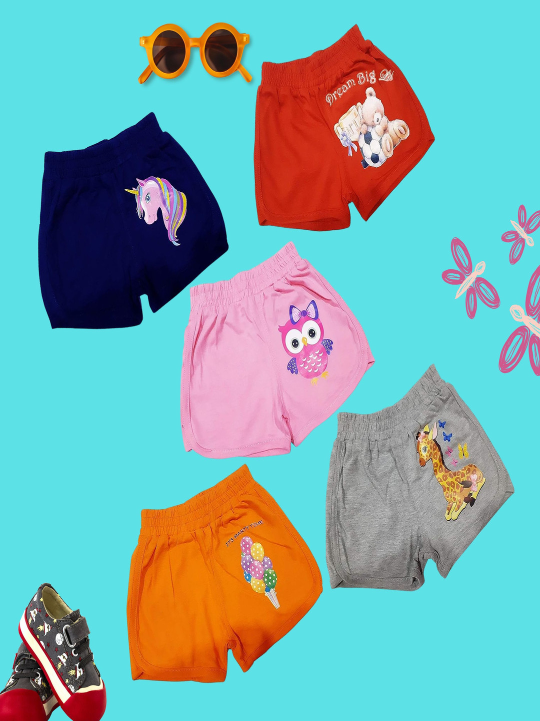 TotzTouch Girls Pack of 5 Graphic Printed Cotton Cycling Shorts