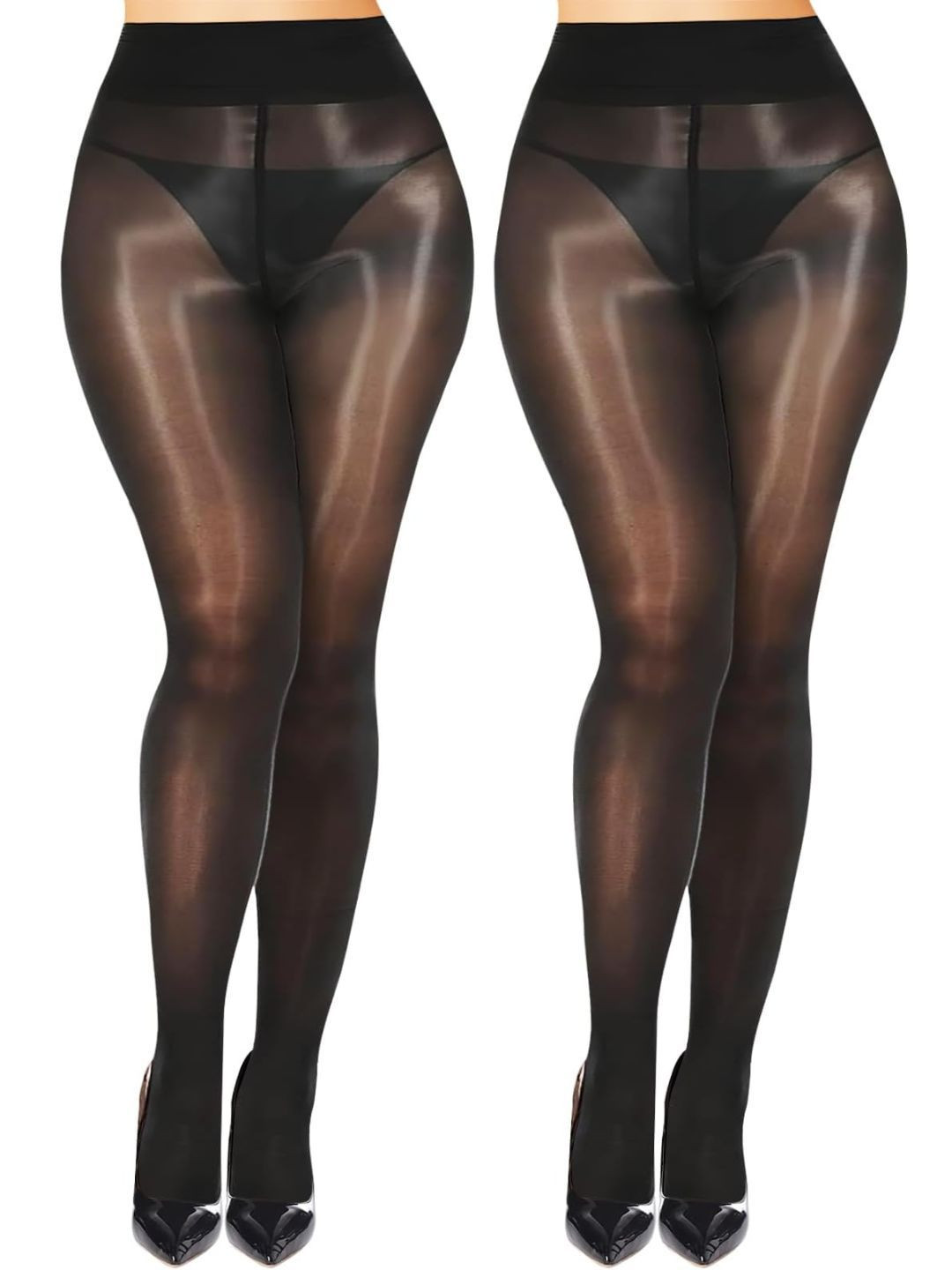 CareDone Women's Pack of 2 Oil Shiny Glossy High Waist Seamless Sheer Tights